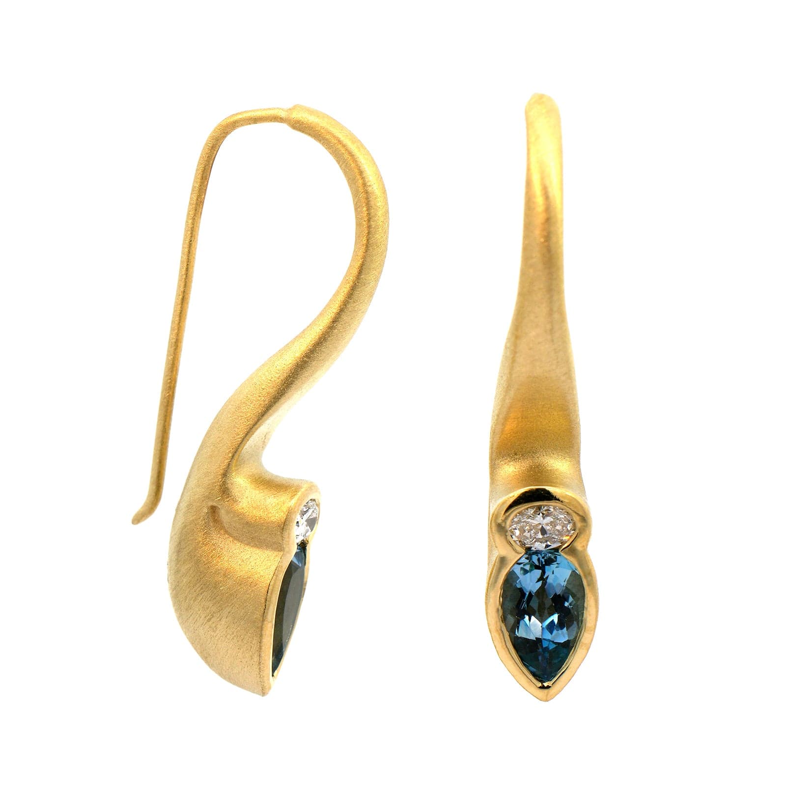Suzy Landa 18K Yellow Gold Aquamarine and Diamond Saxophone Drop Earrings - Image 3