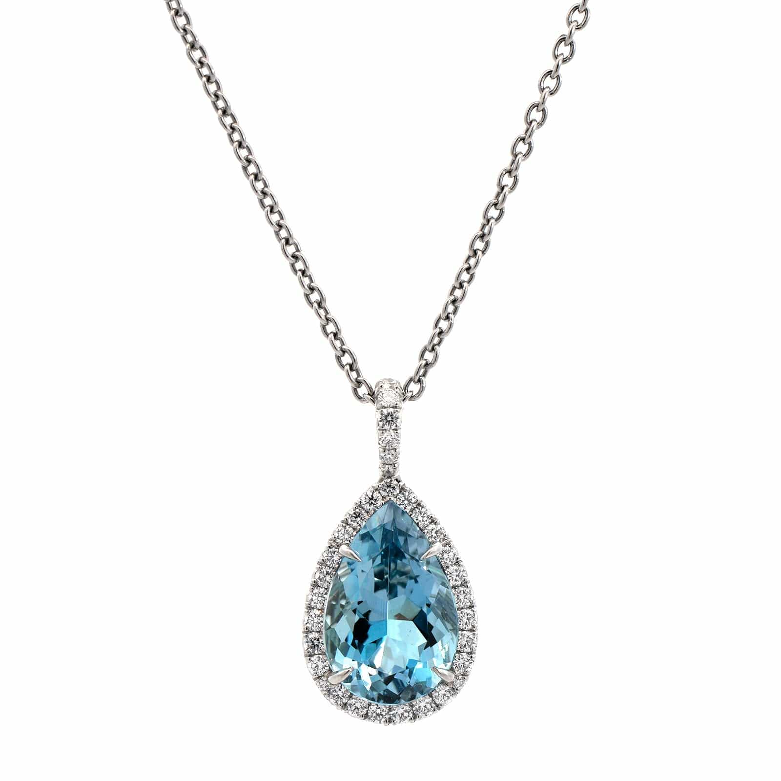 Platinum Pear Shape Aquamarine Diamond Halo Pendant Necklace