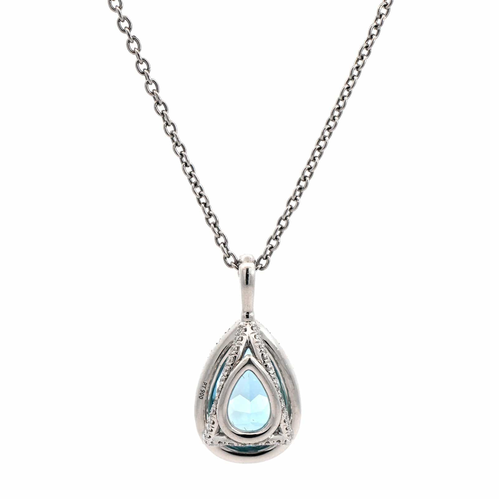 Platinum Pear Shape Aquamarine Diamond Halo Pendant Necklace - Image 2