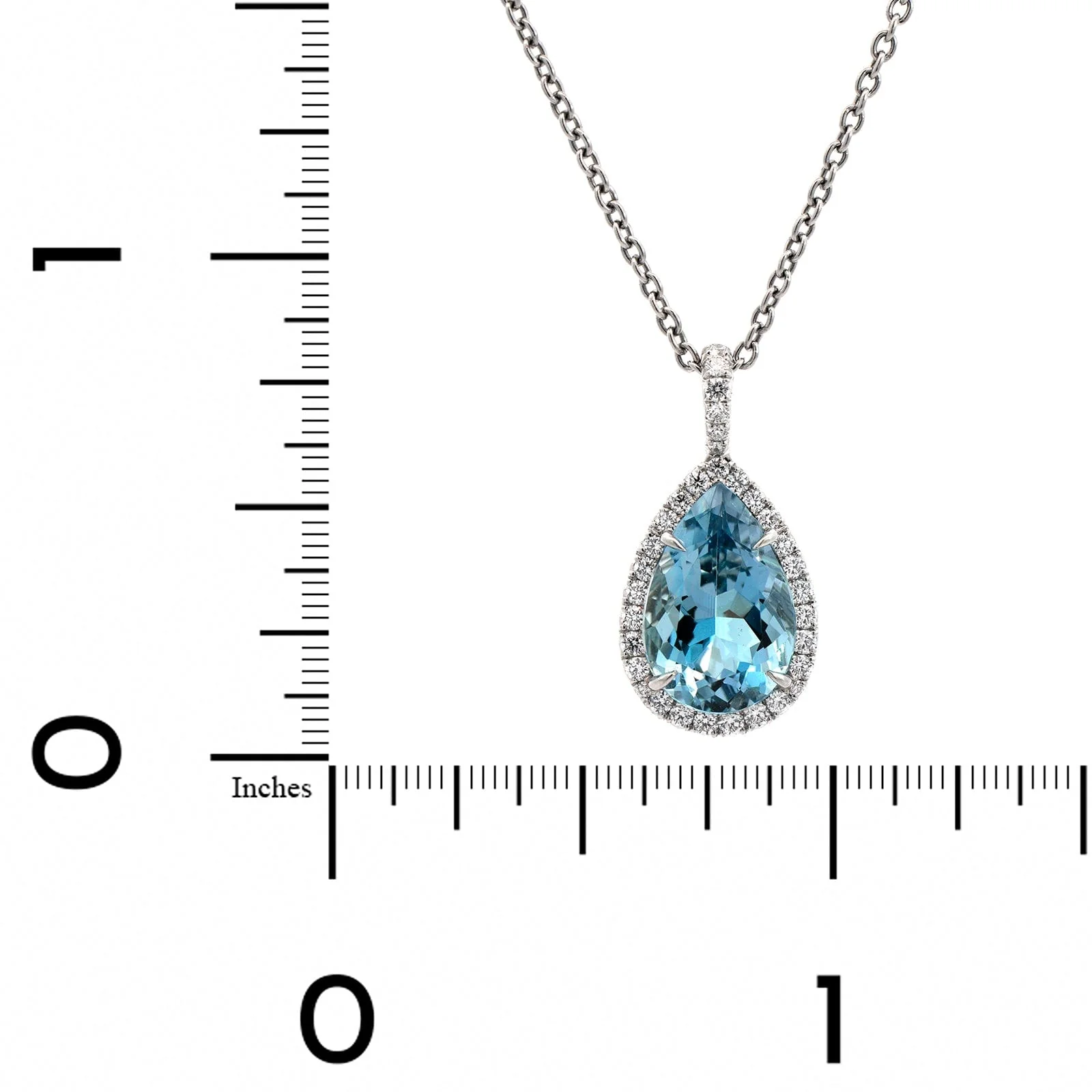 Platinum Pear Shape Aquamarine Diamond Halo Pendant Necklace - Image 4
