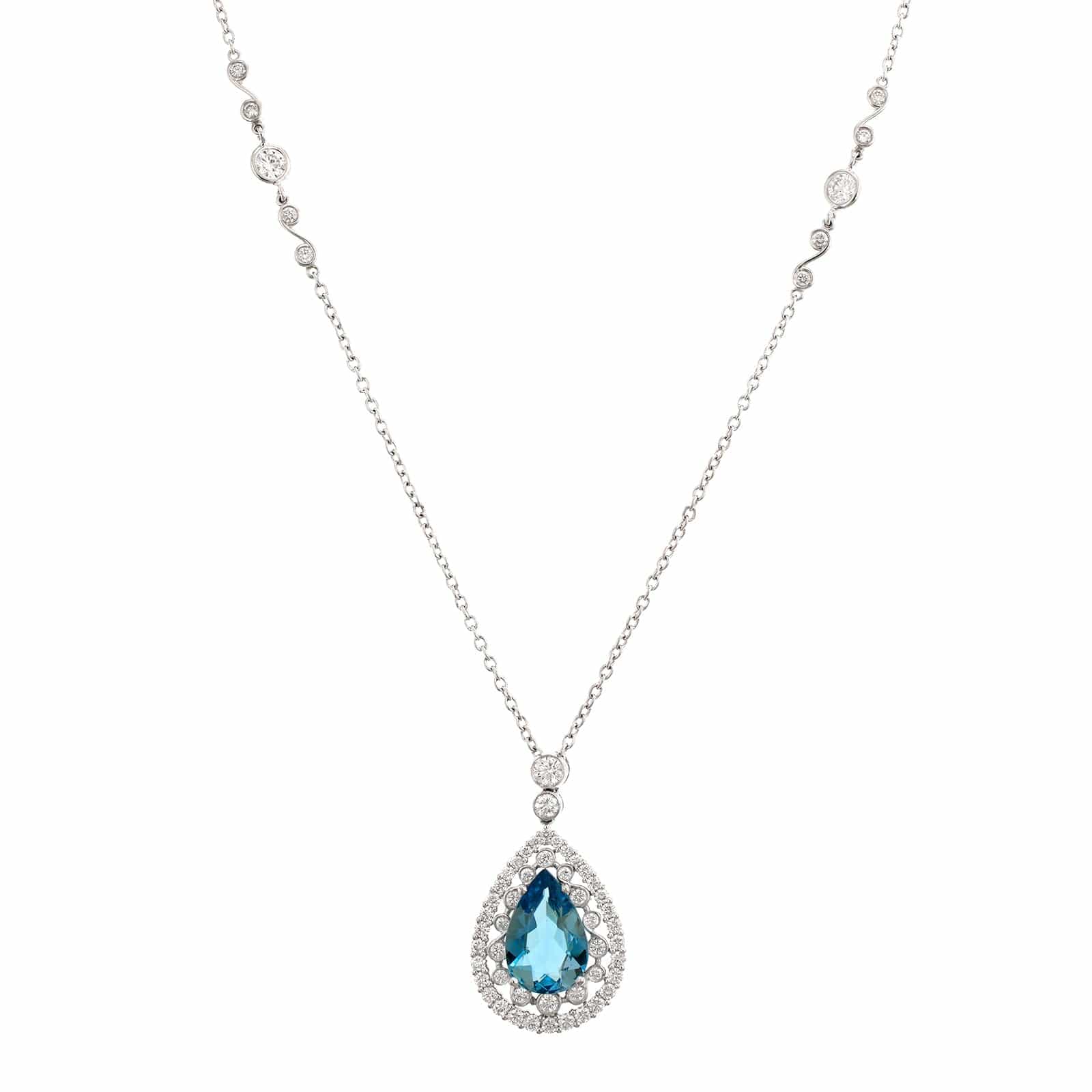 Platinum Pear Shaped Aquamarine and Diamond Pendant Necklace - Image 4