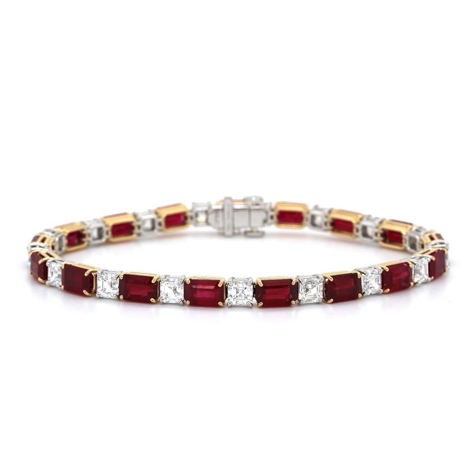 18K Yellow Gold Emerald Cut Ruby and Asscher Cut Diamond Tennis Bracelet - Image 4