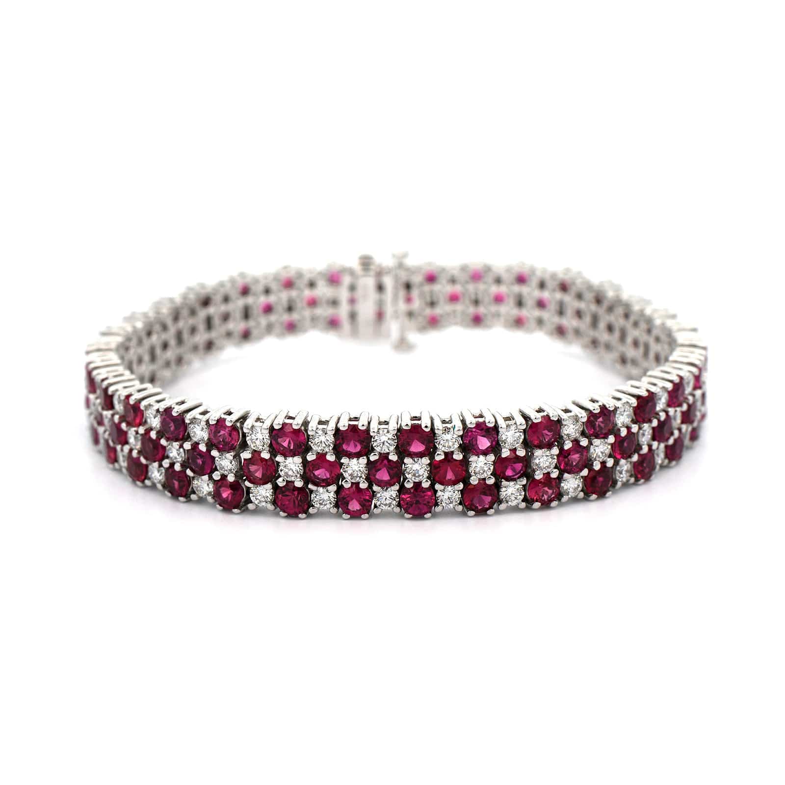 18K White Gold 3 Row Alternating Ruby and Diamond Bracelet - Image 4