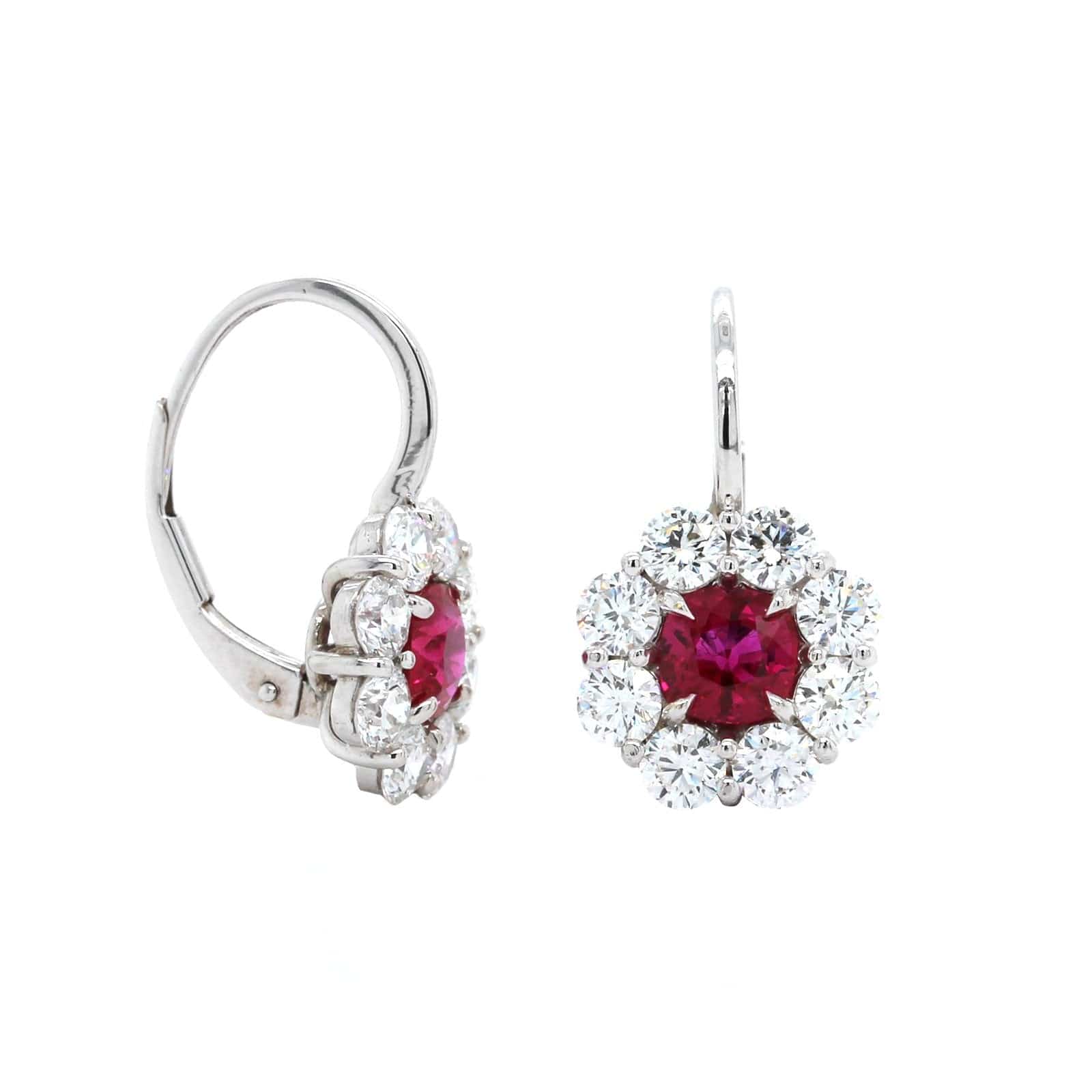 Platinum Ruby and Diamond Halo Drop Earrings
