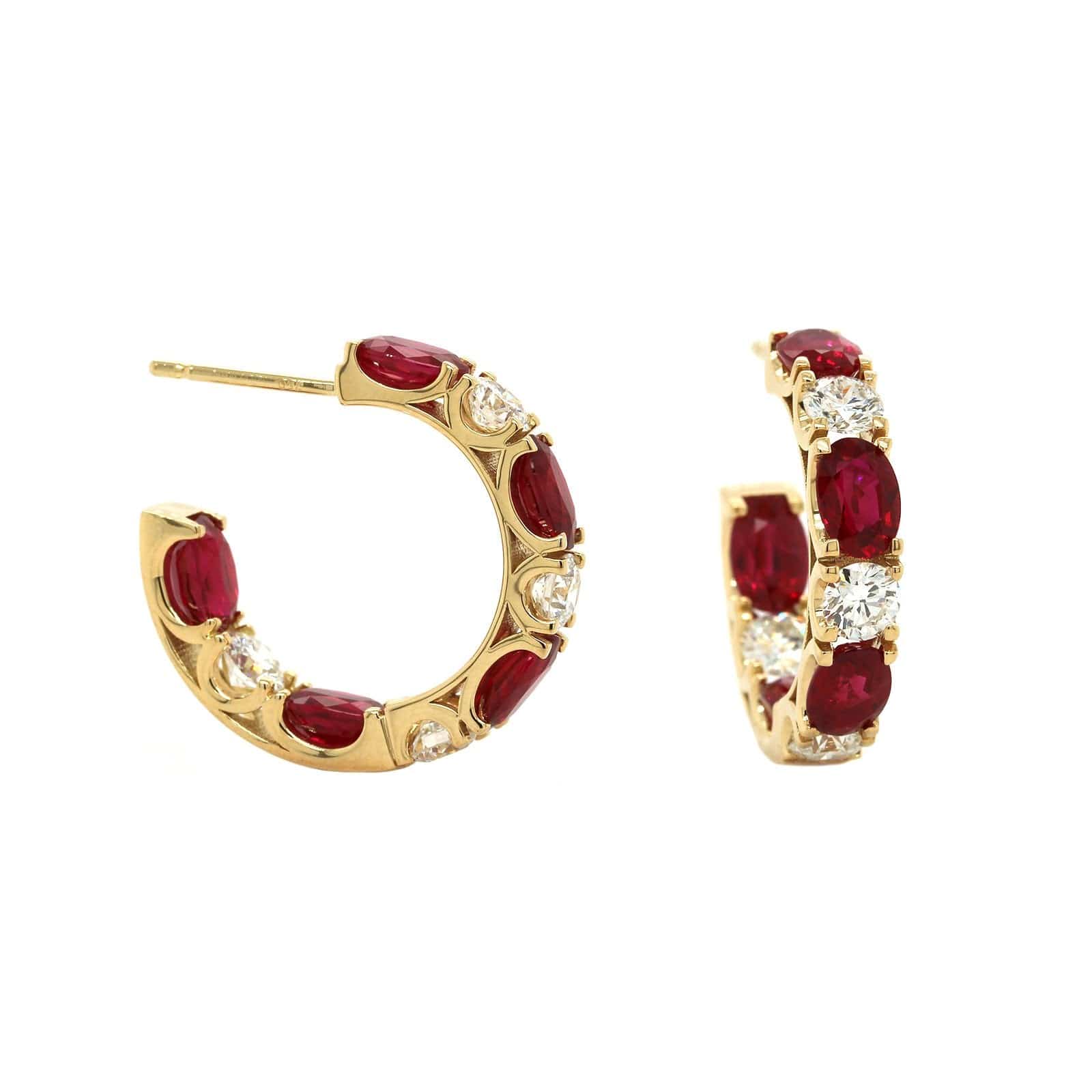 18K Yellow Gold Ruby and Diamond Huggie Earrings