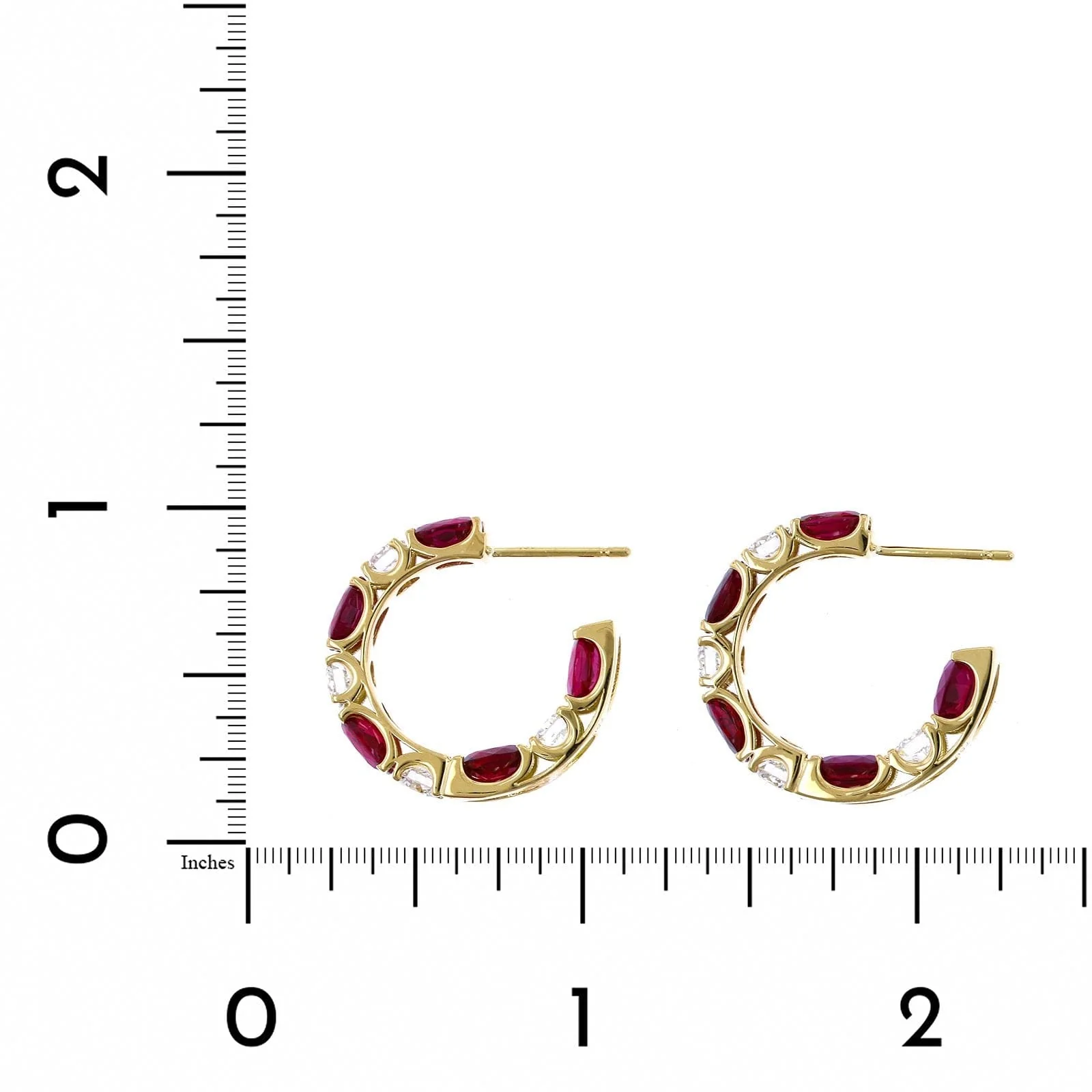 18K Yellow Gold Ruby and Diamond Huggie Earrings - Image 2