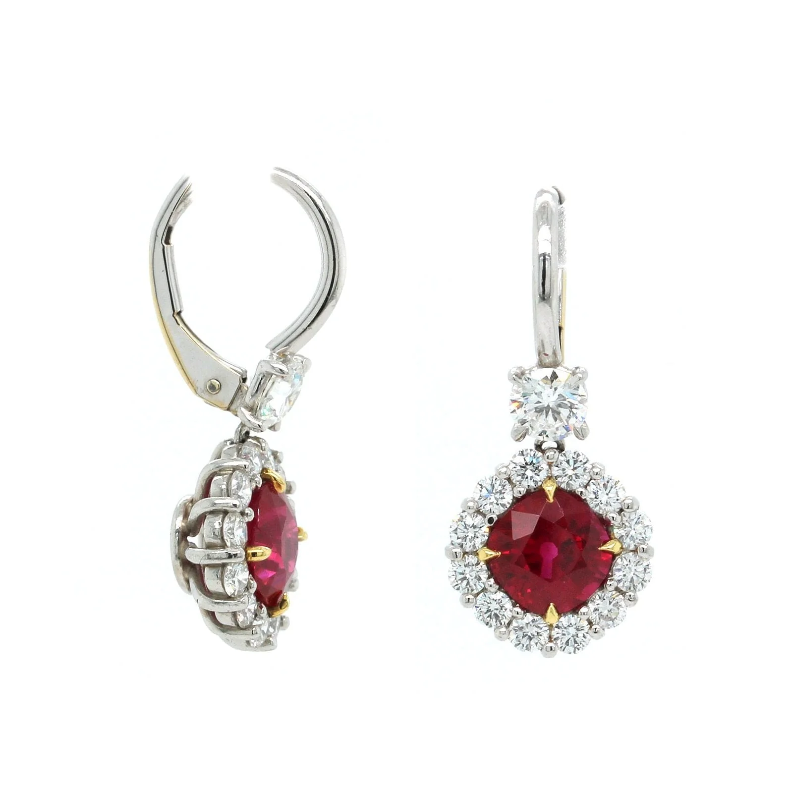 Platinum Ruby and Diamond Halo Dangle Earrings - Image 3