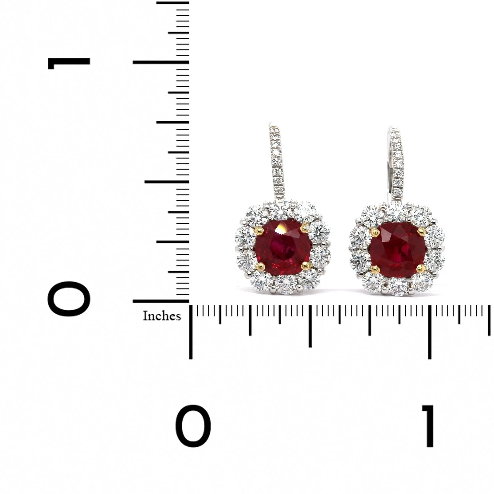 Platinum Cushion Ruby and Diamond Halo Dangle Earrings - Image 2