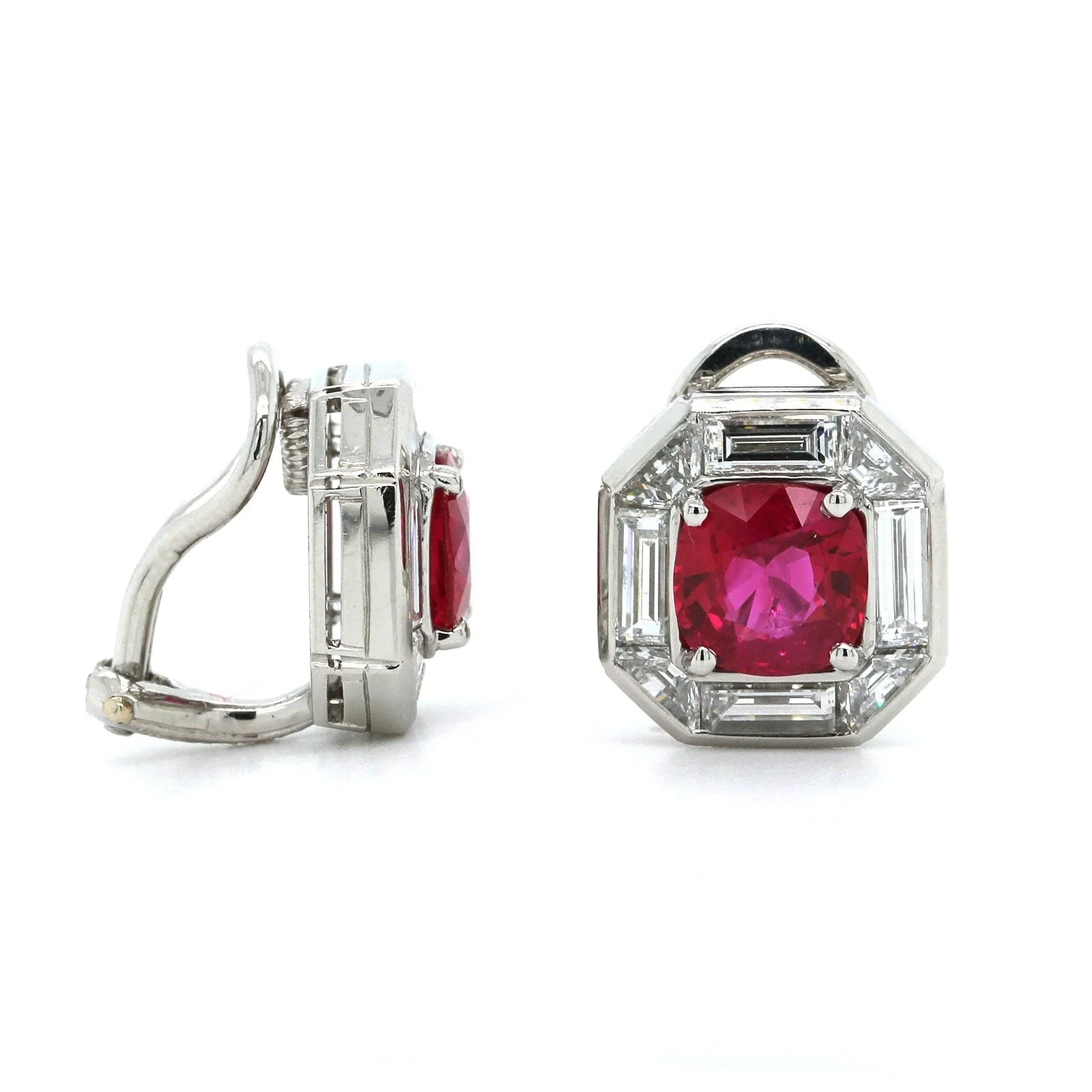 Oscar Heyman Platinum Cushion Ruby and Diamond Stud Earrings