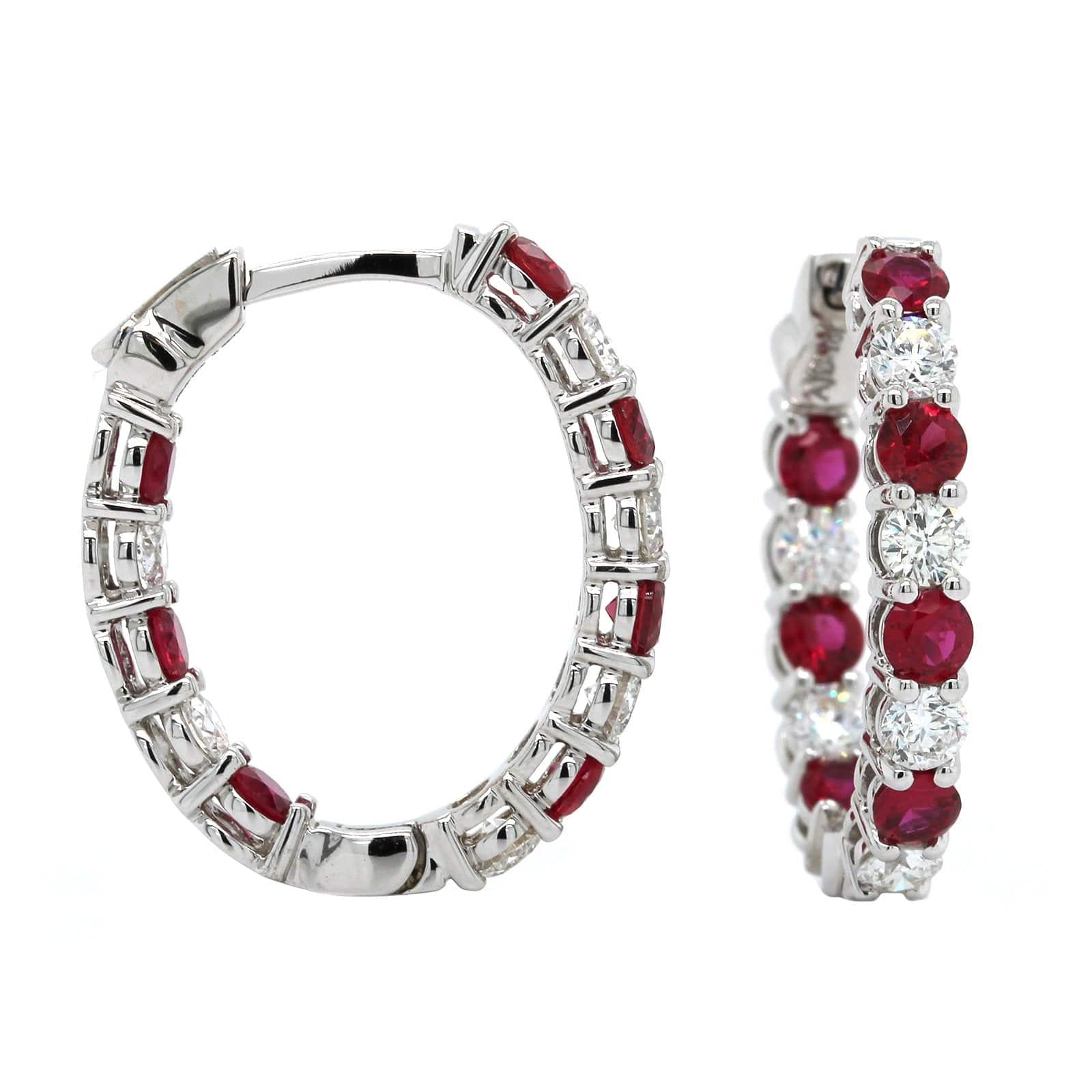 18K White Gold Inside Outside Ruby and Diamond Hoop Earrings - Image 3