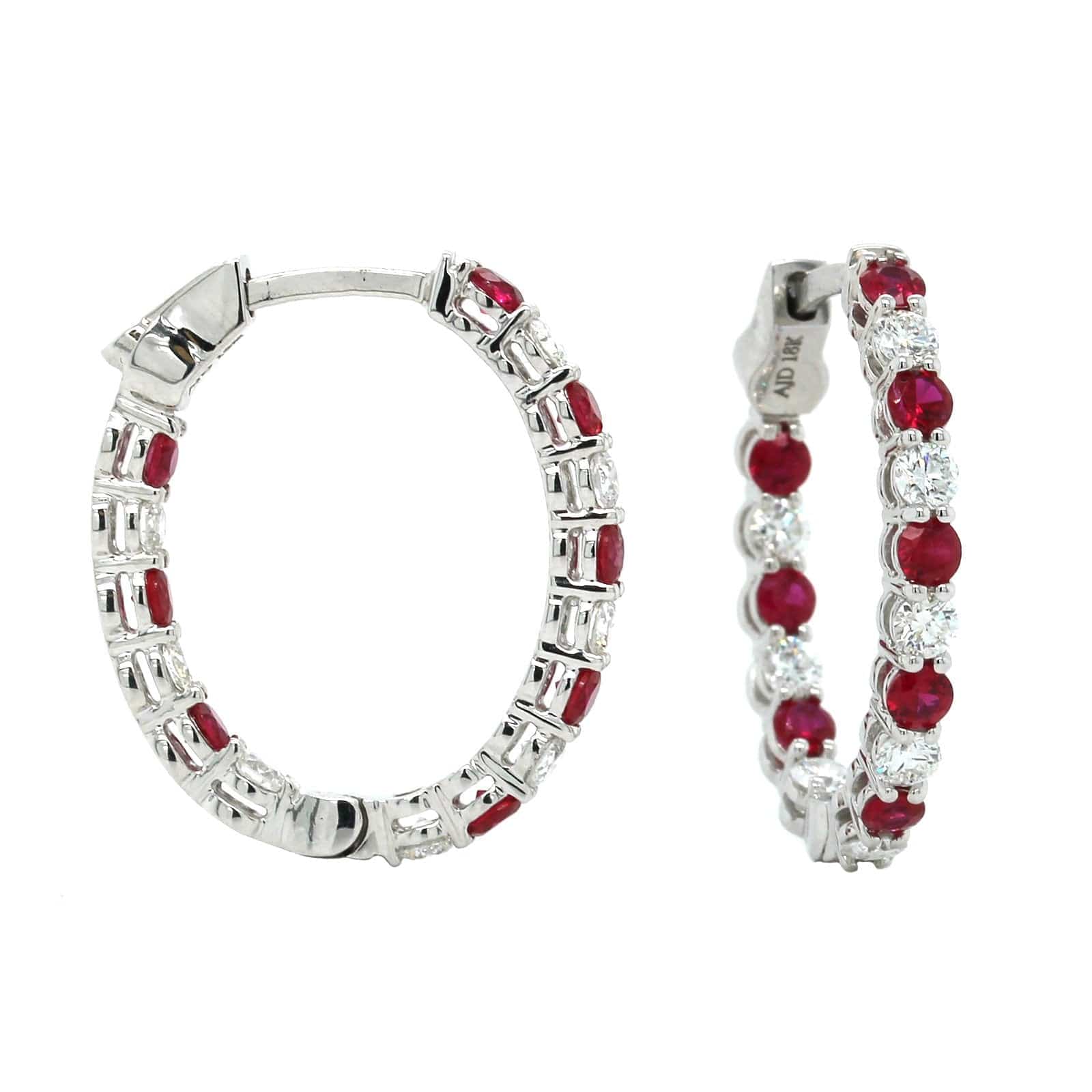 18K White Gold Inside Outside Ruby and Diamond Hoop Earrings - Image 3