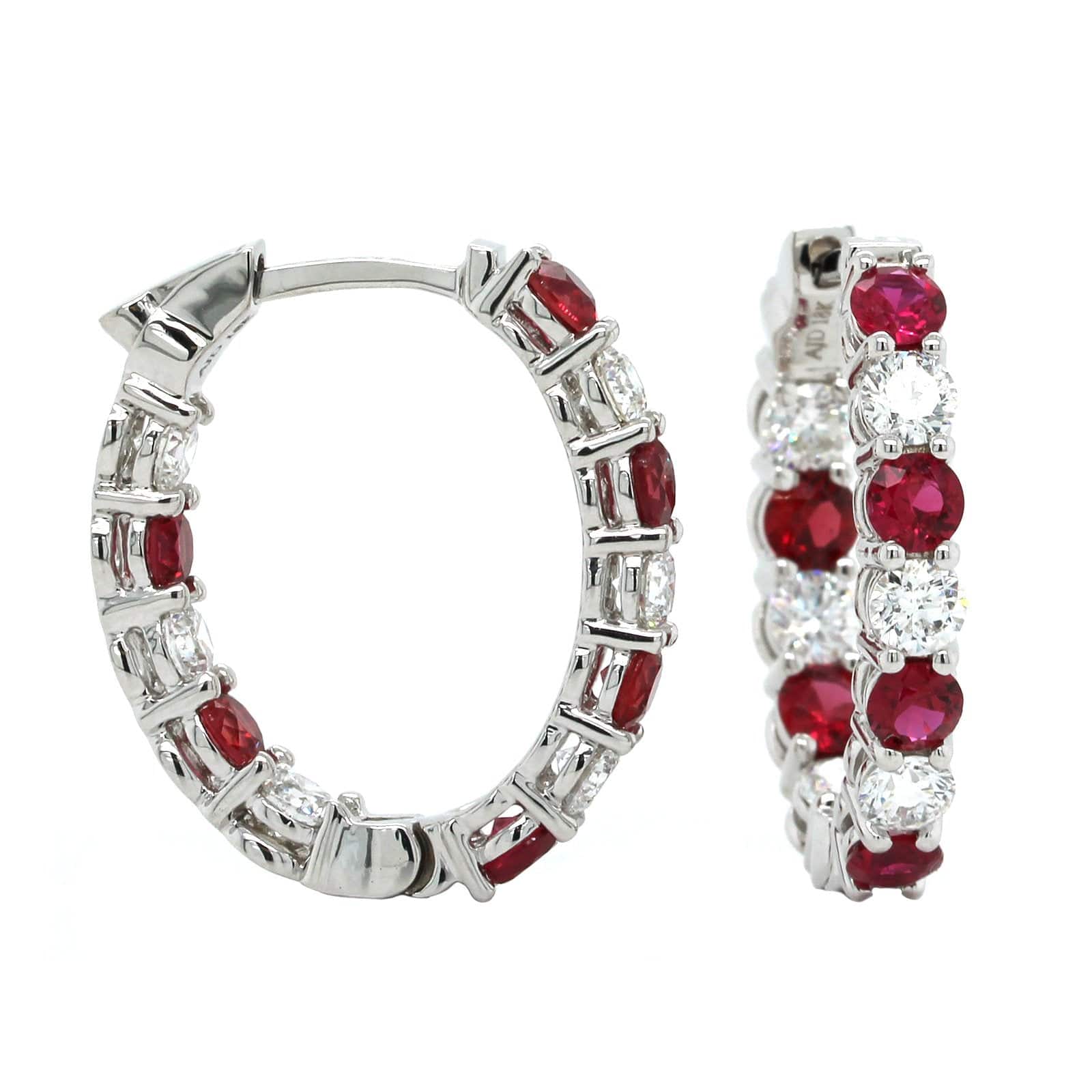 18K White Gold Inside Outside Ruby and Diamond Hoop Earrings - Image 3