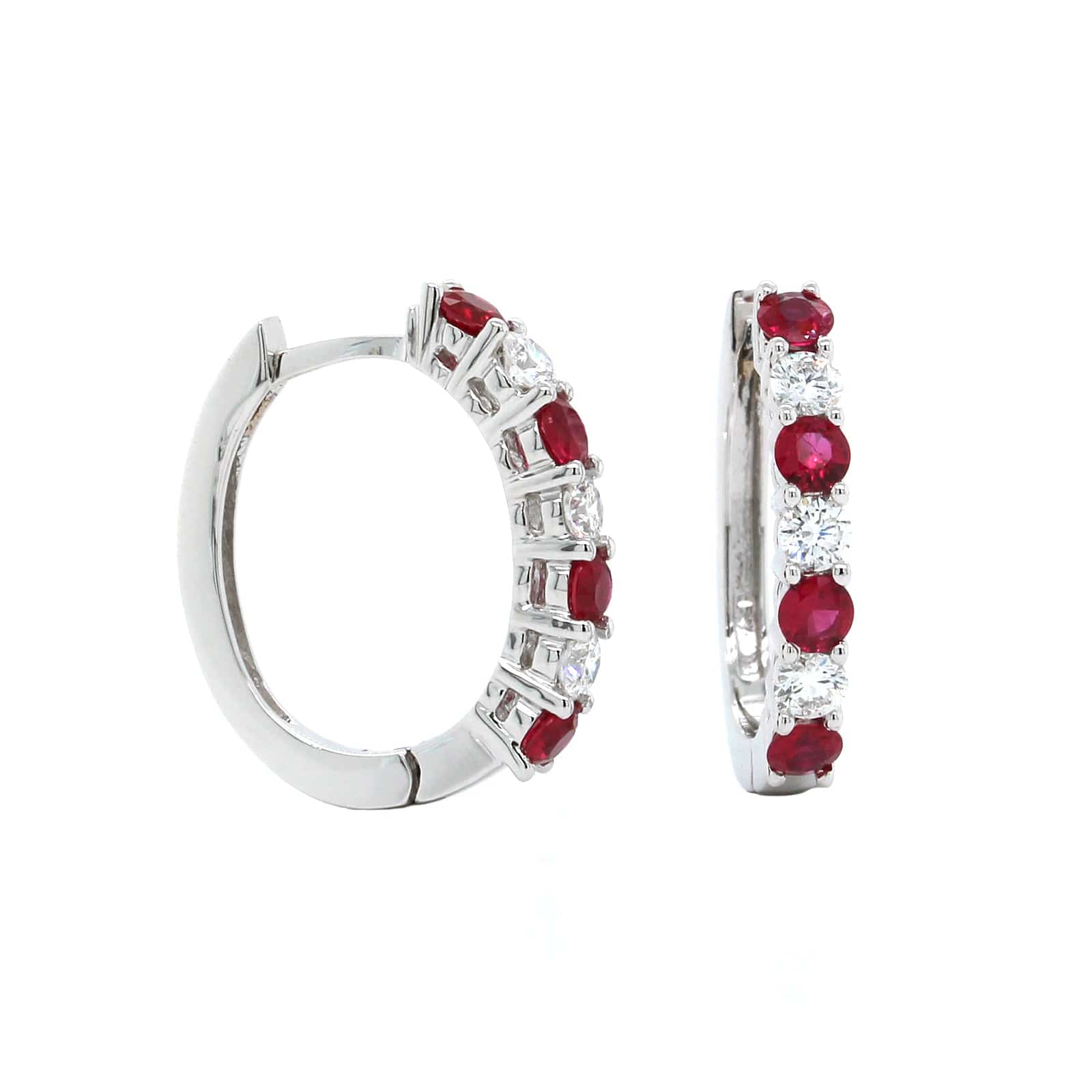 18K White Gold Ruby and Diamond Huggie Earrings - Image 3