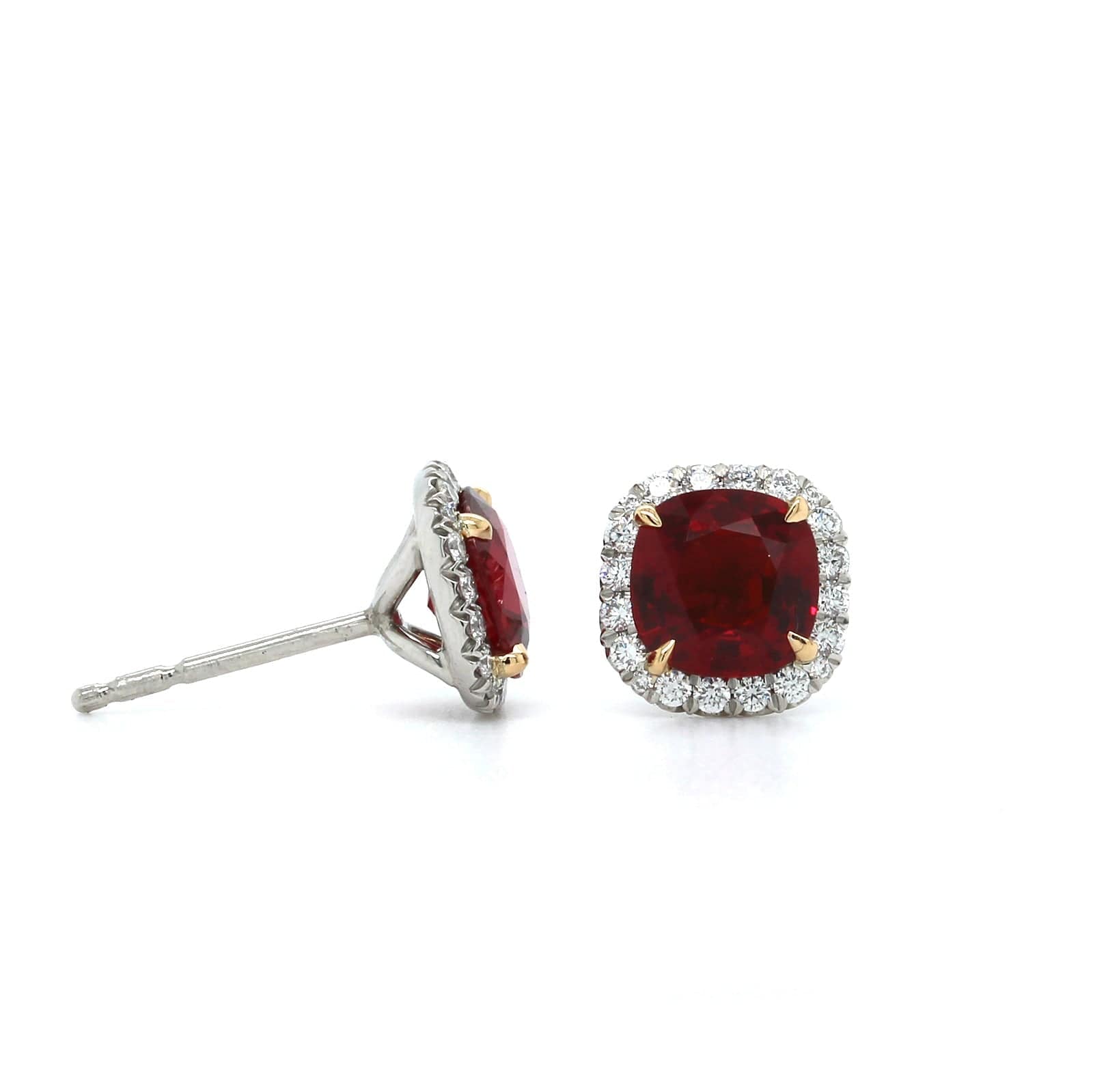 Platinum Cushion Ruby and Diamond Halo Stud Earrings
