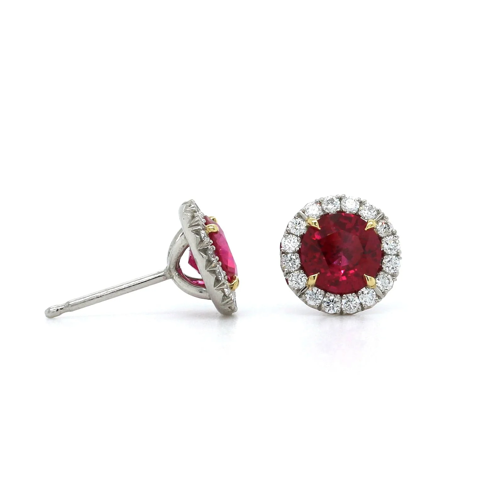 Platinum Ruby Diamond Halo Stud Earrings - Image 3