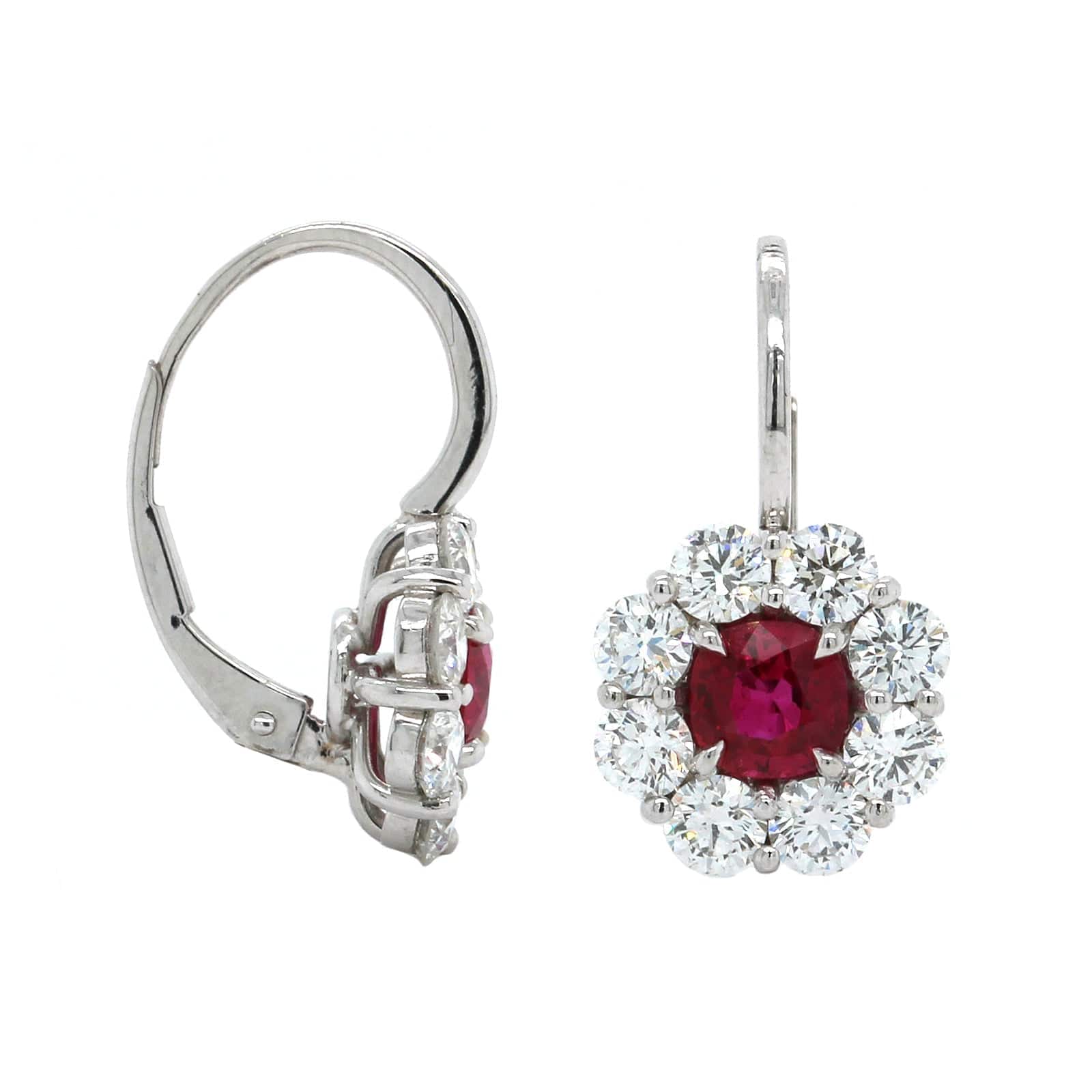 Platinum Ruby Diamond Halo Drop Earrings - Image 3