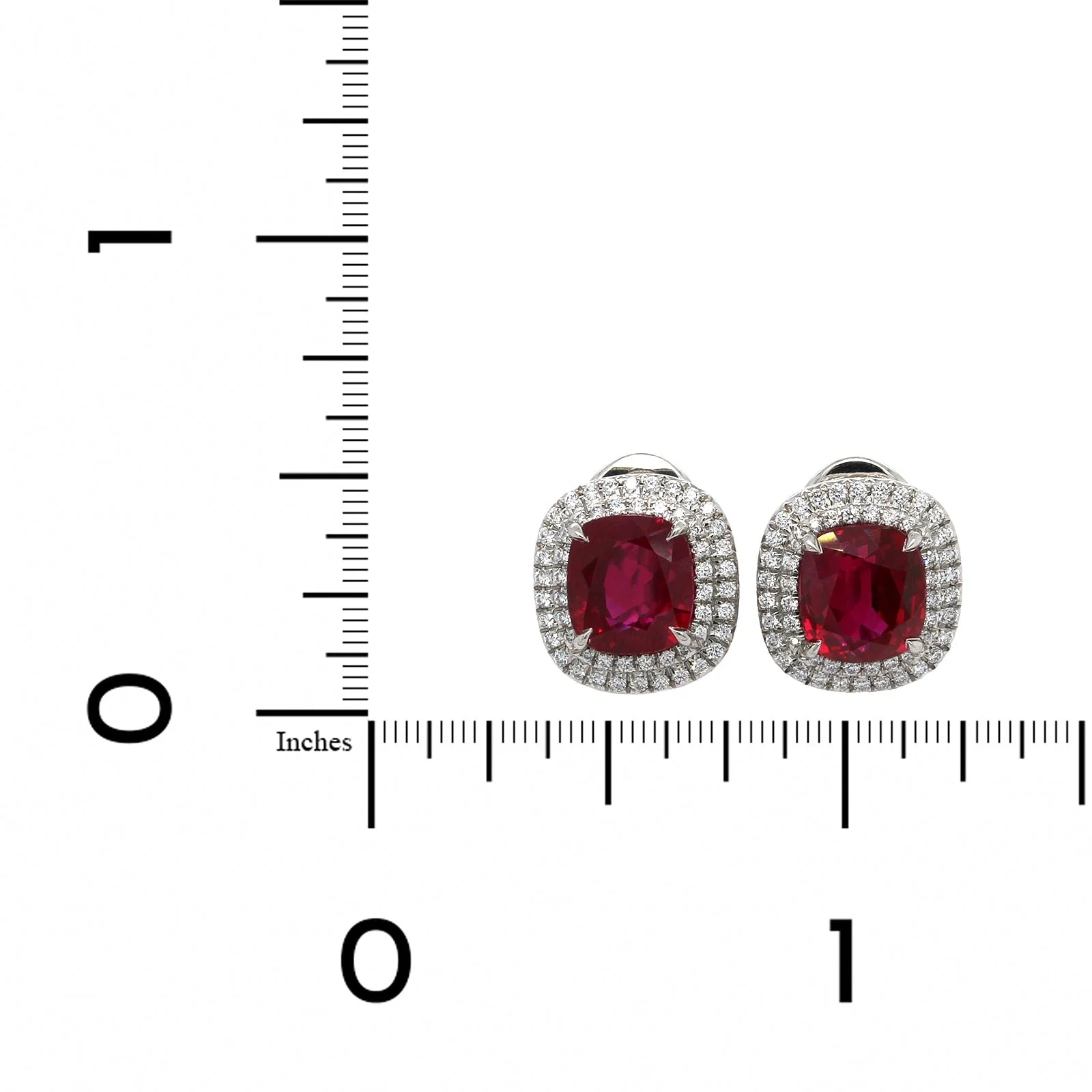 Platinum Cushion Ruby Double Diamond Halo Earrings - Image 2
