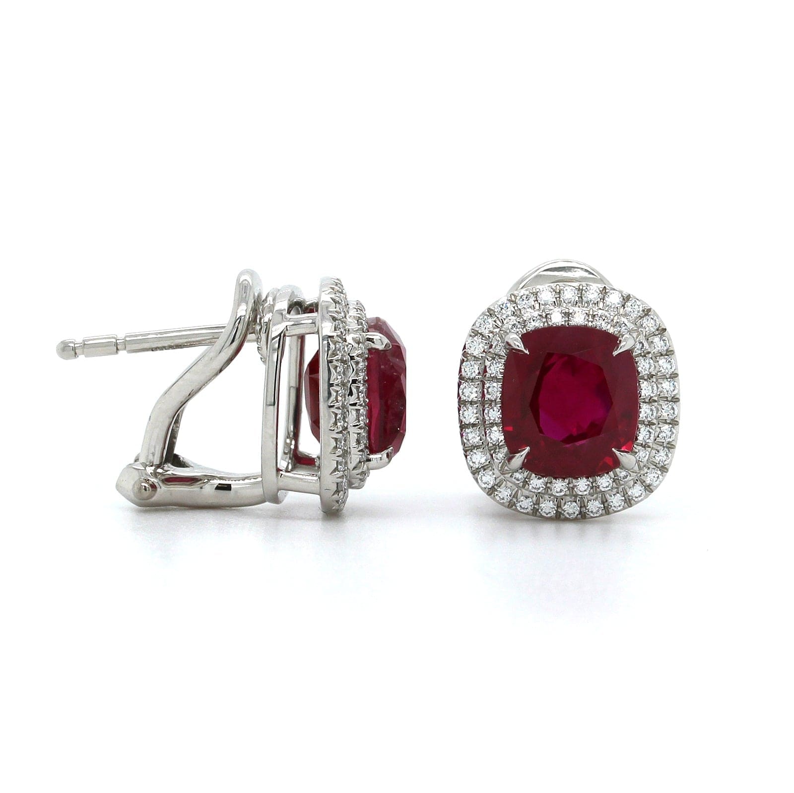 Platinum Cushion Ruby Double Diamond Halo Earrings - Image 3