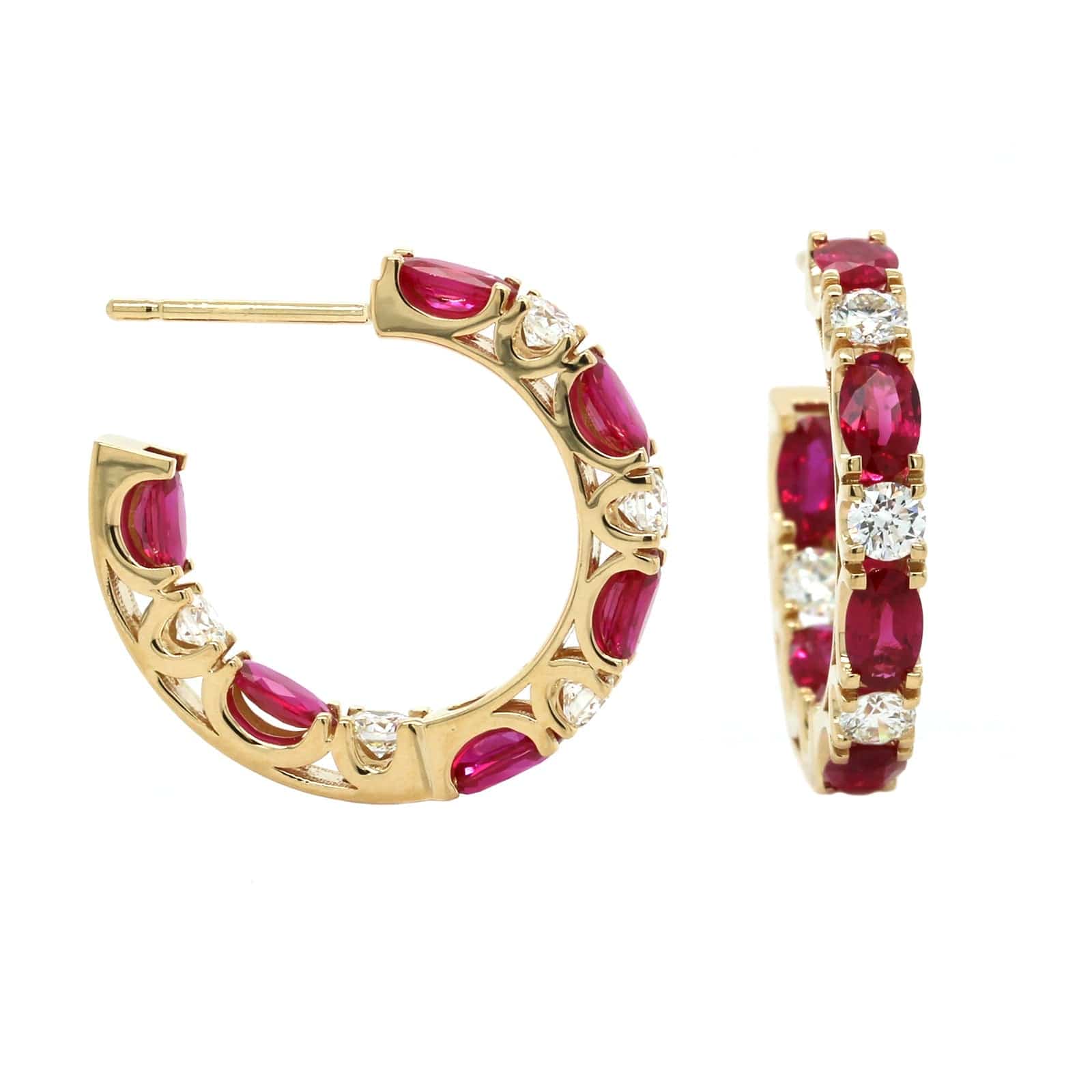 18K Yellow Gold Oval Ruby and Diamond Hoop Earrings
