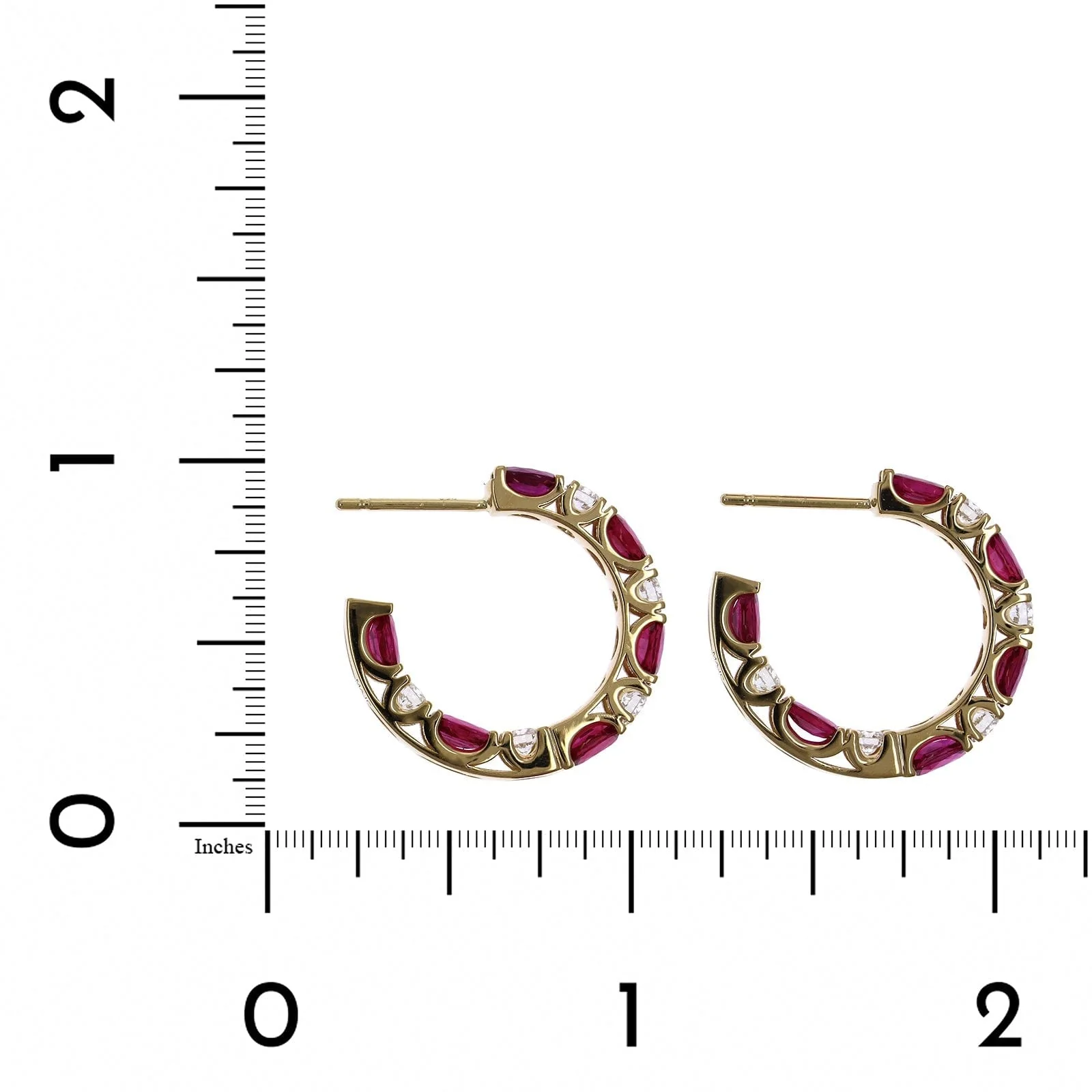 18K Yellow Gold Oval Ruby and Diamond Hoop Earrings - Image 2
