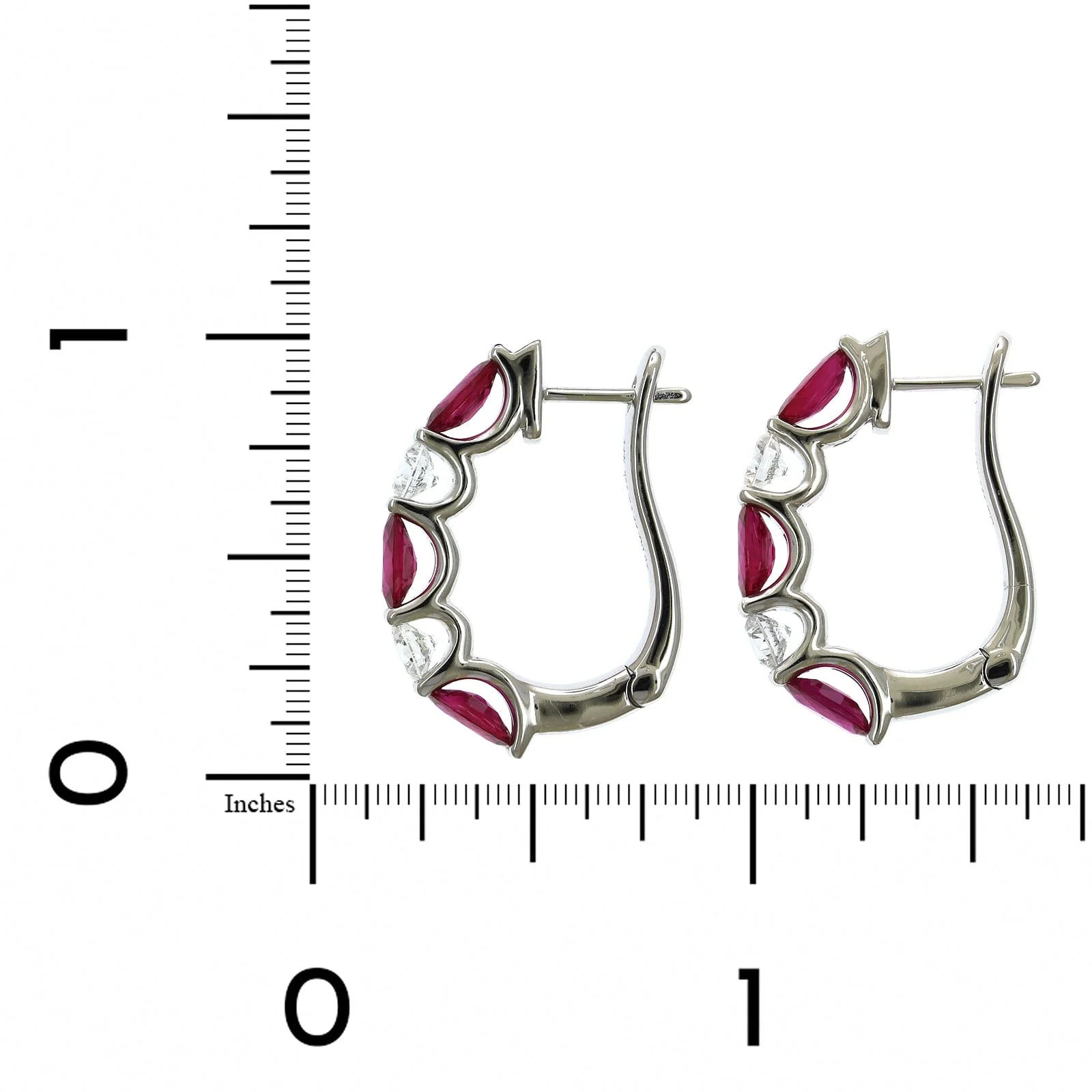 14K White Gold Oval Ruby and Diamond Hoop Earrings - Image 2