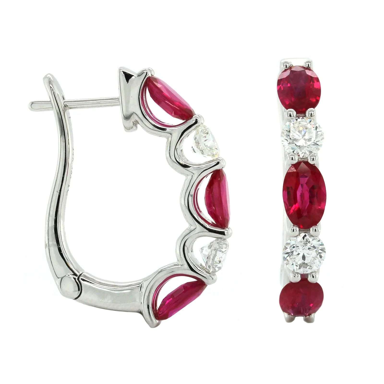14K White Gold Oval Ruby and Diamond Hoop Earrings - Image 3