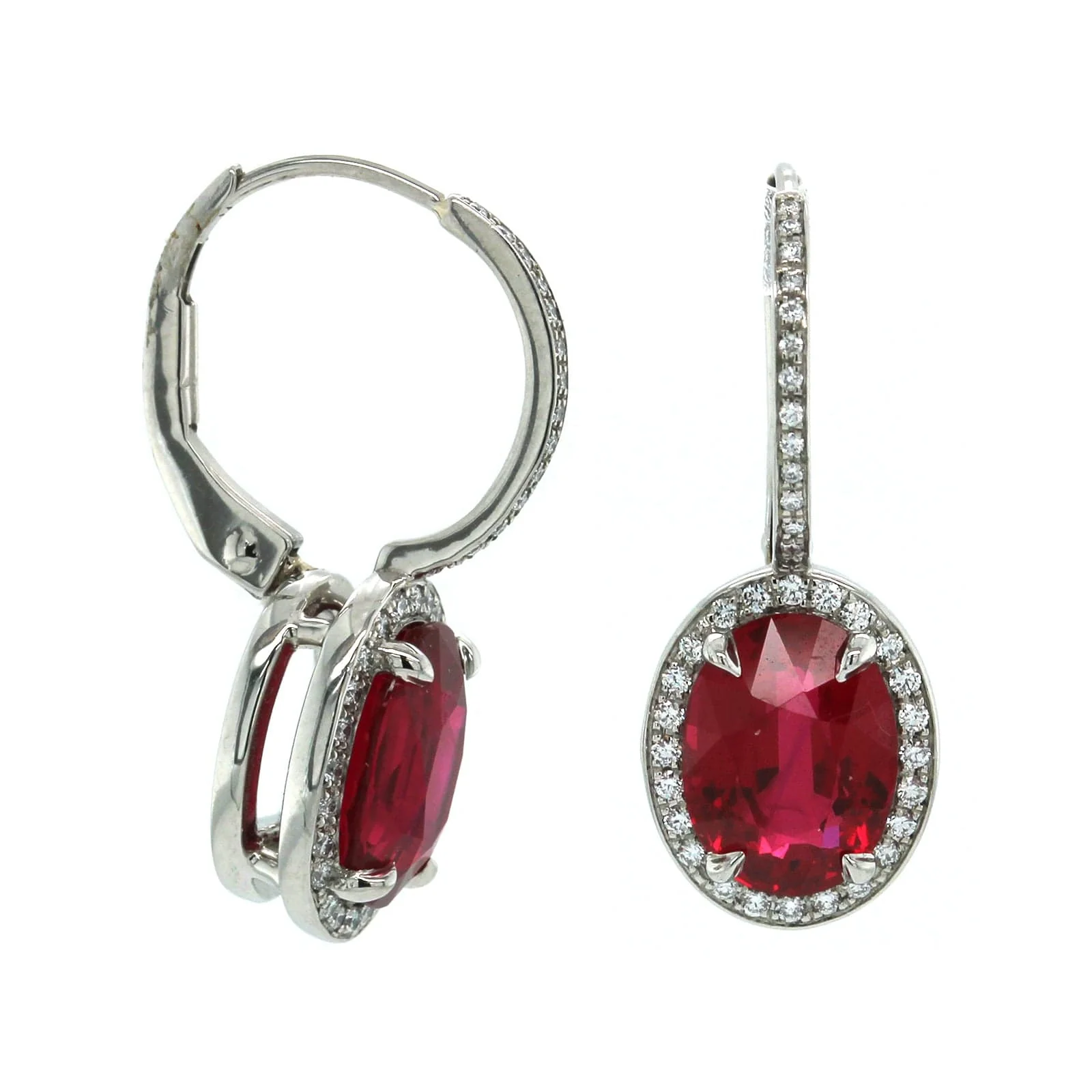 Platinum Oval Ruby Diamond Halo Drop Earrings