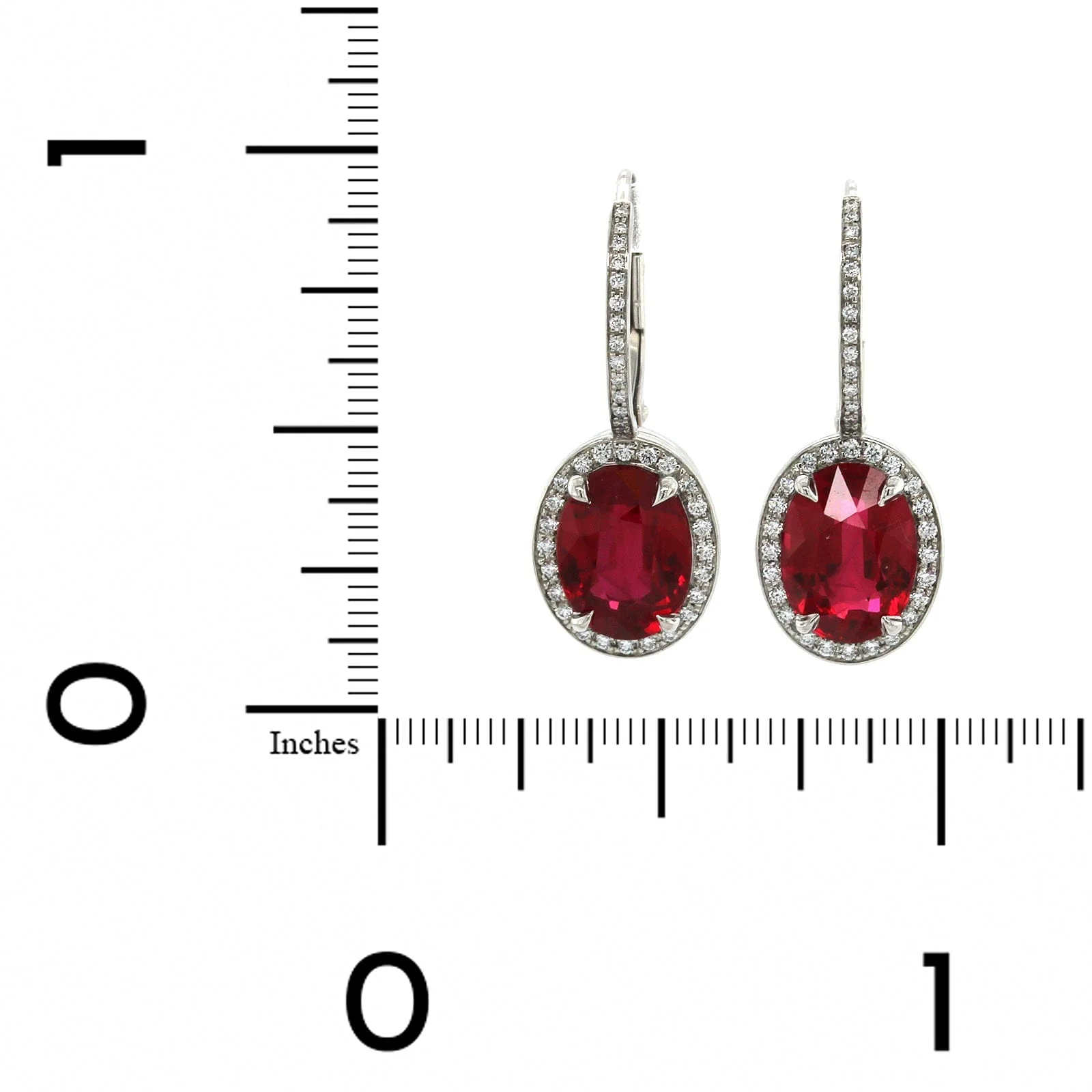 Platinum Oval Ruby Diamond Halo Drop Earrings - Image 2