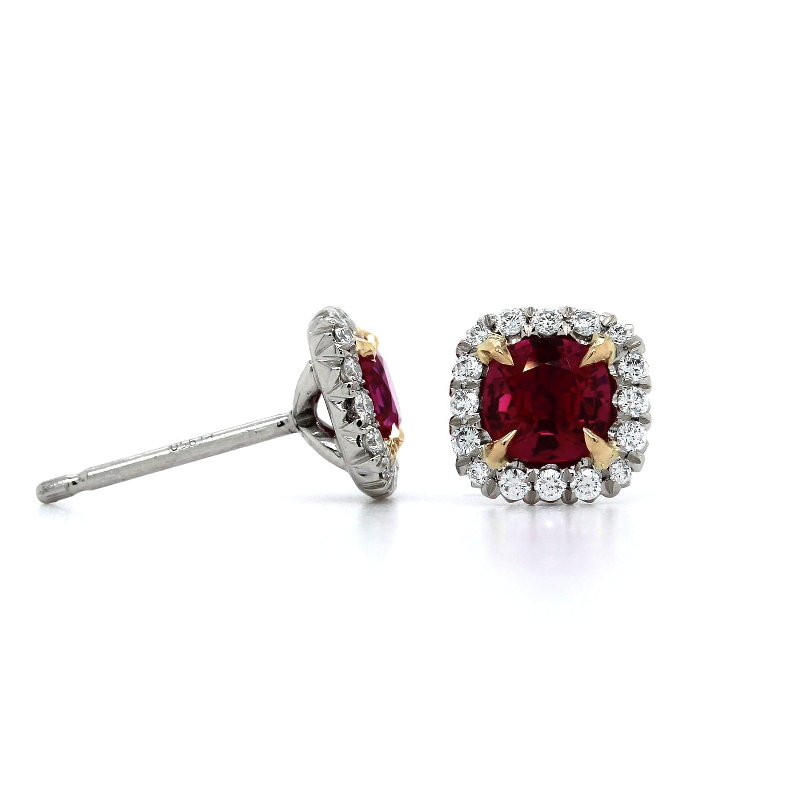 Platinum Cushion Ruby Diamond Halo Stud Earrings