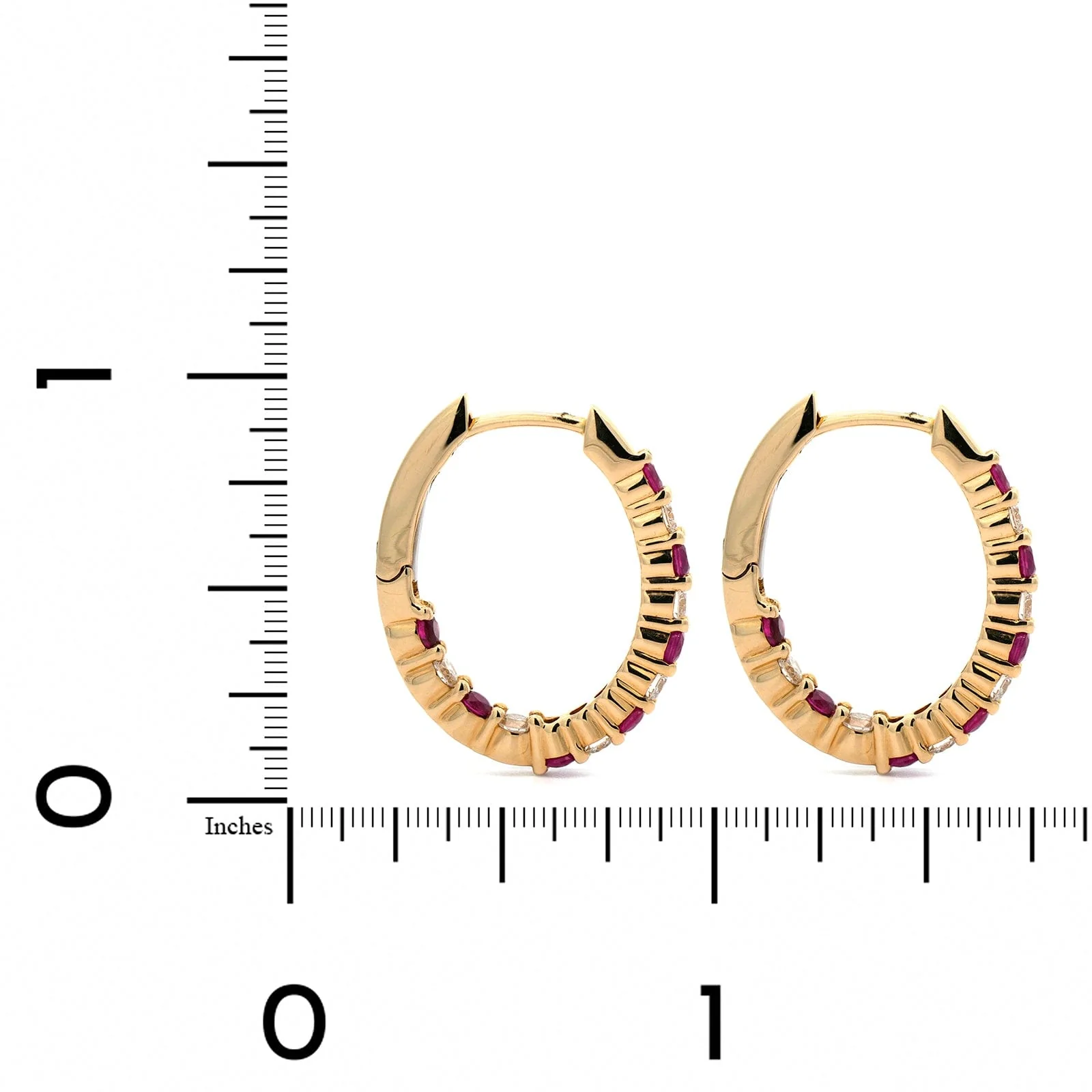 14K Yellow Gold Diamond & Ruby Hoop Earrings - Image 2