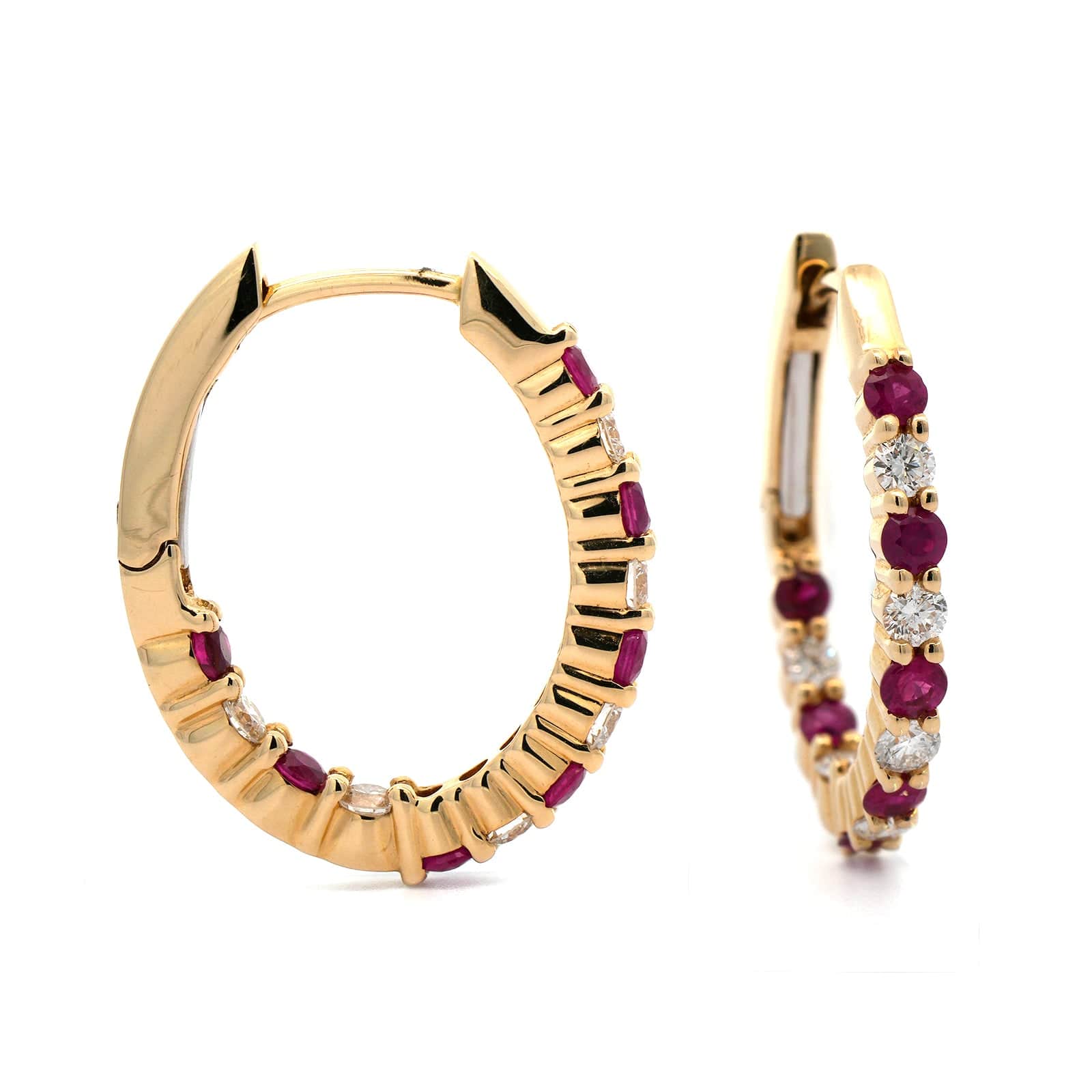 14K Yellow Gold Diamond & Ruby Hoop Earrings - Image 3