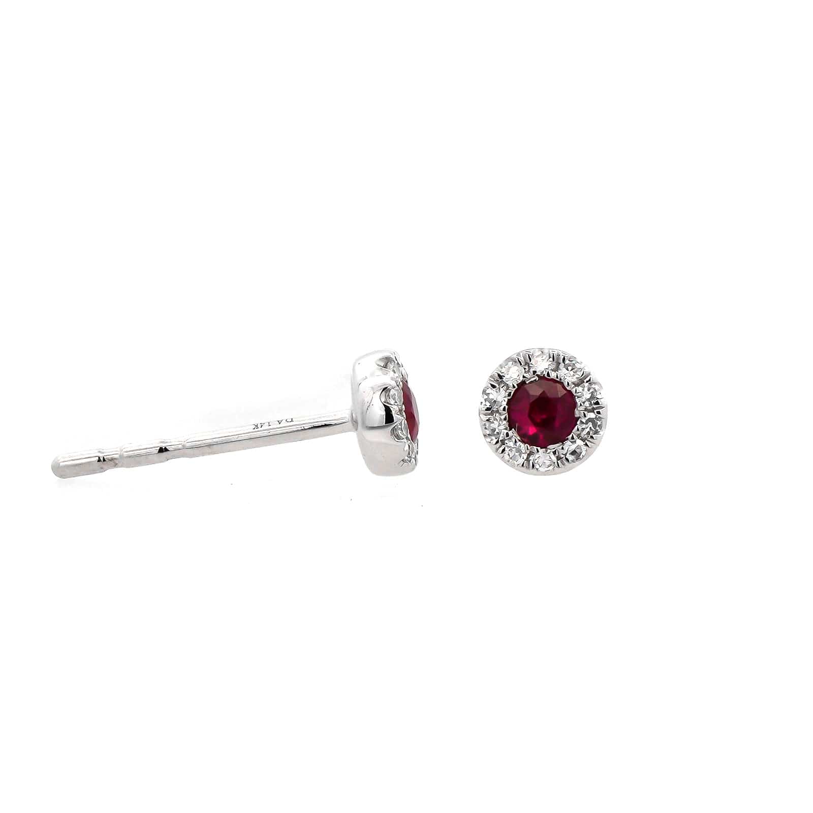 14K White Gold Round Ruby and Diamond Halo Stud Earrings