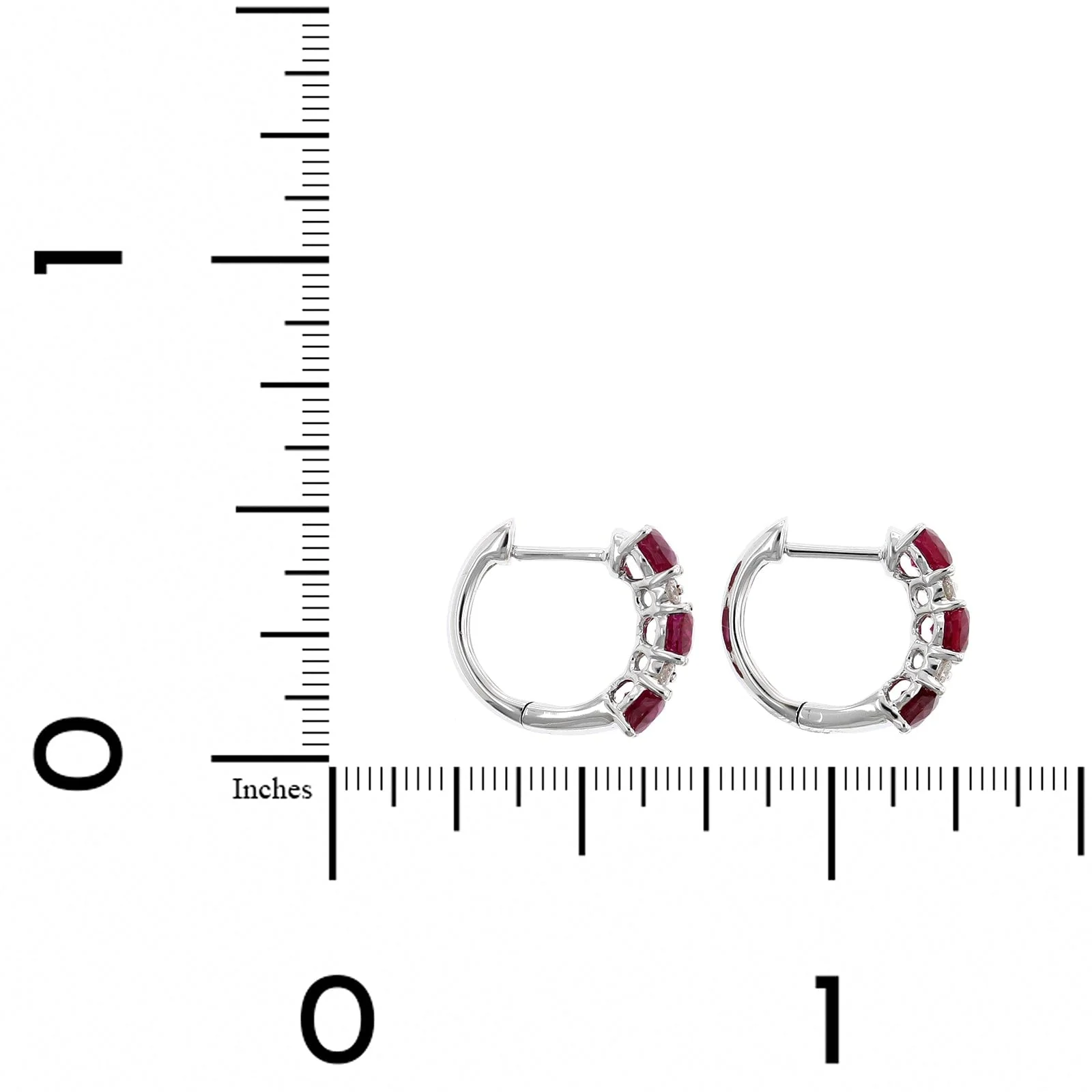 14K White Gold Alternating Diamond & Ruby Huggie Earrings - Image 2