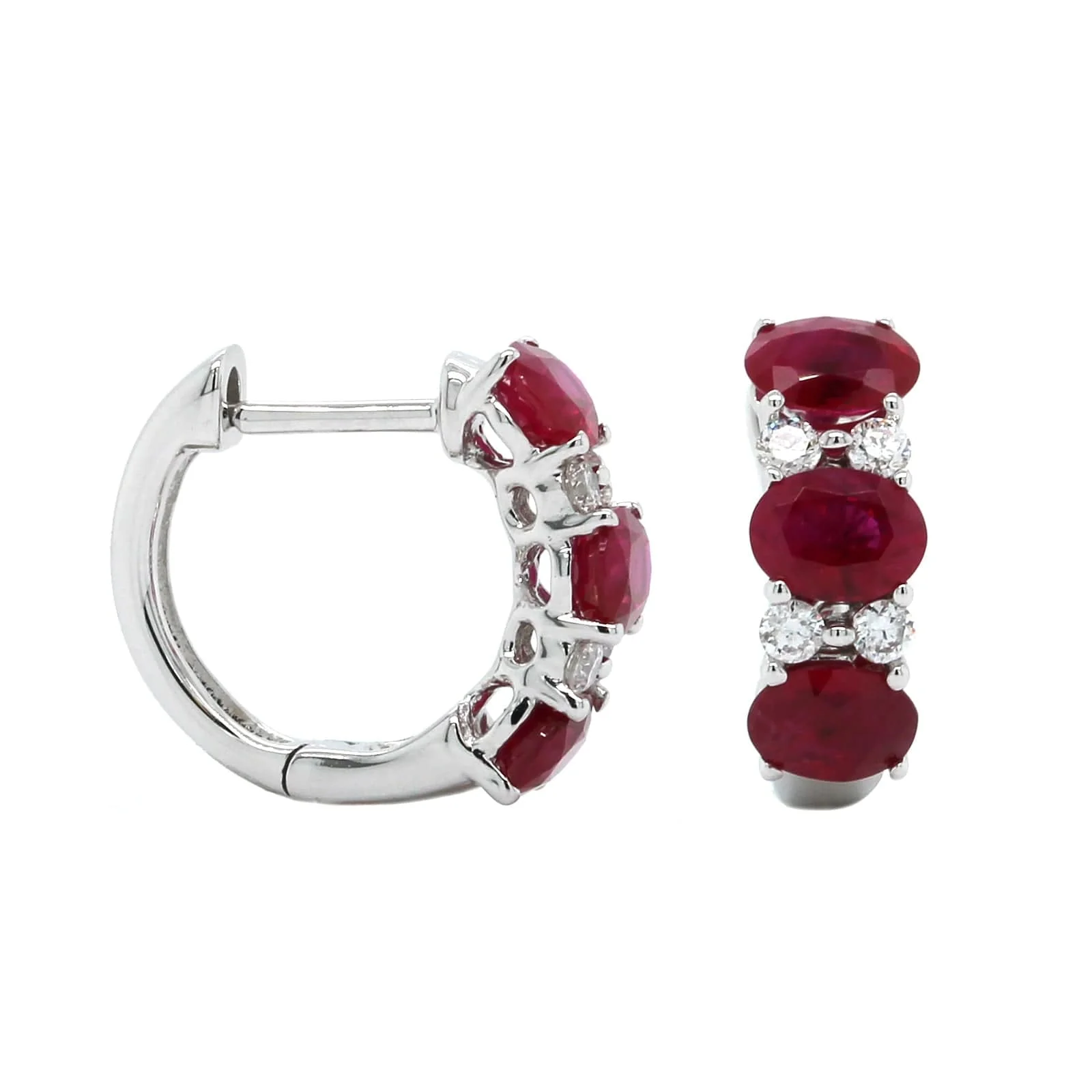14K White Gold Alternating Diamond & Ruby Huggie Earrings - Image 3