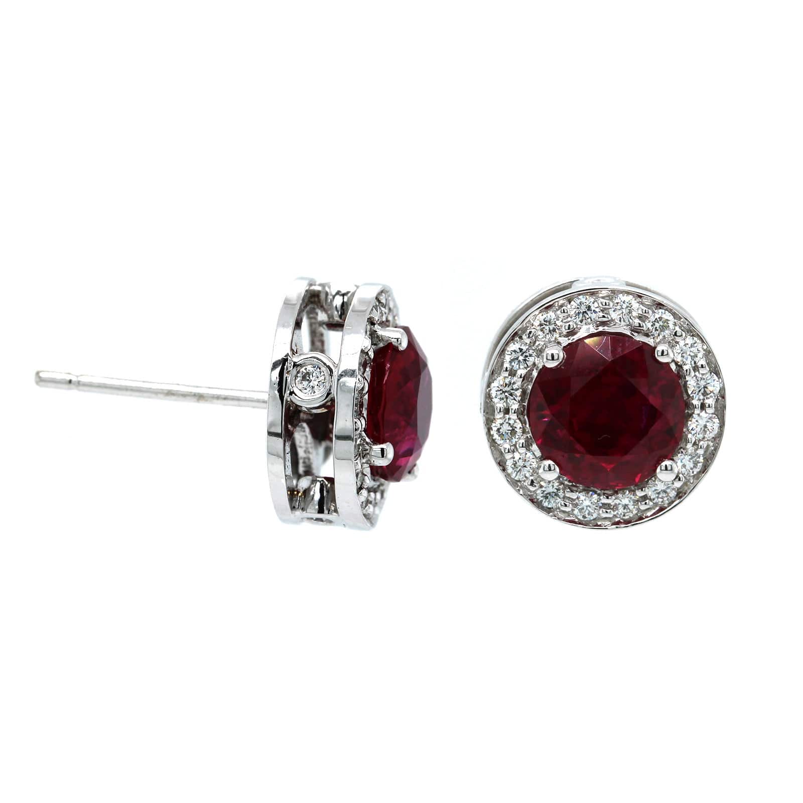 18K White Gold Ruby Diamond Halo Stud Earrings - Image 3