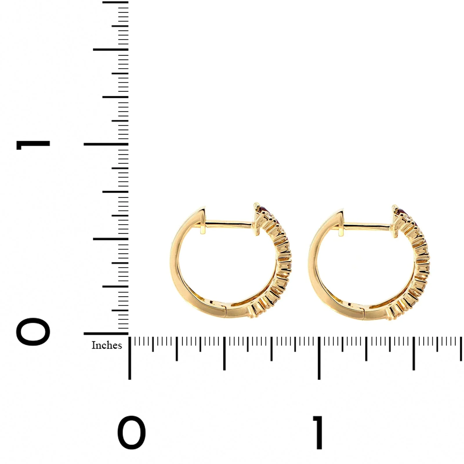 14K Yellow Gold Diamond & Ruby Huggie Earrings - Image 2