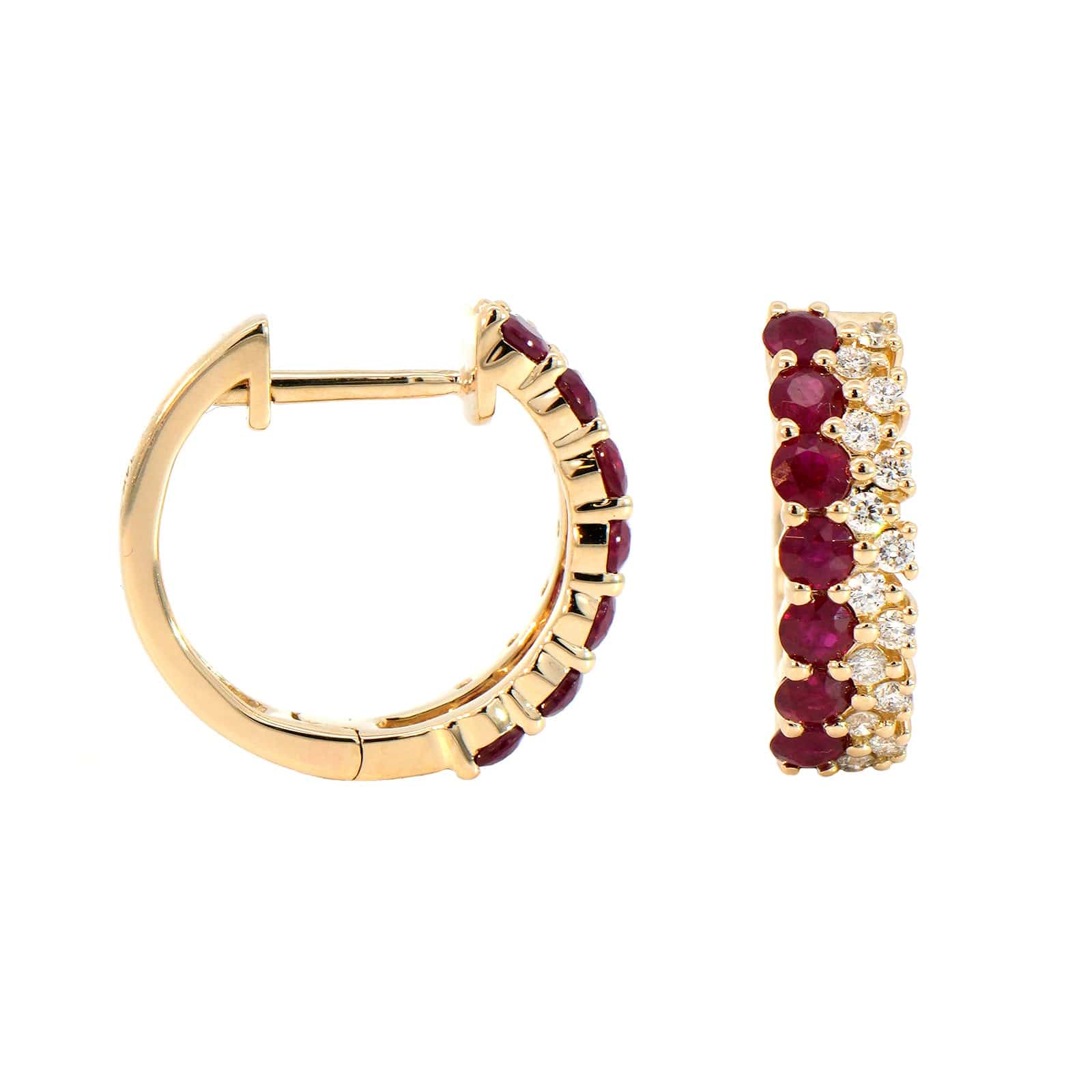 14K Yellow Gold Diamond & Ruby Huggie Earrings - Image 3