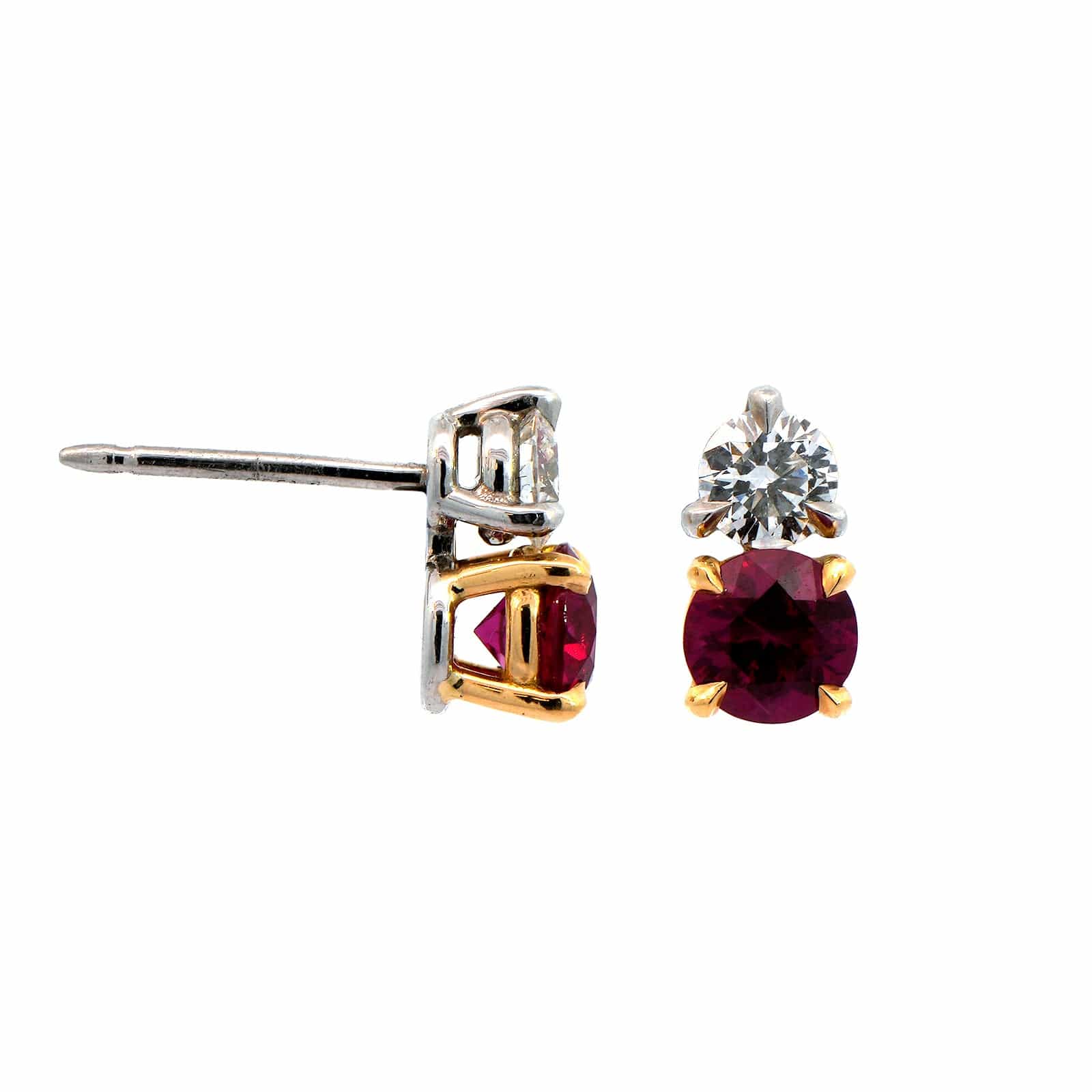 18K Yellow Gold Ruby and Diamond Stud Earrings - Image 3