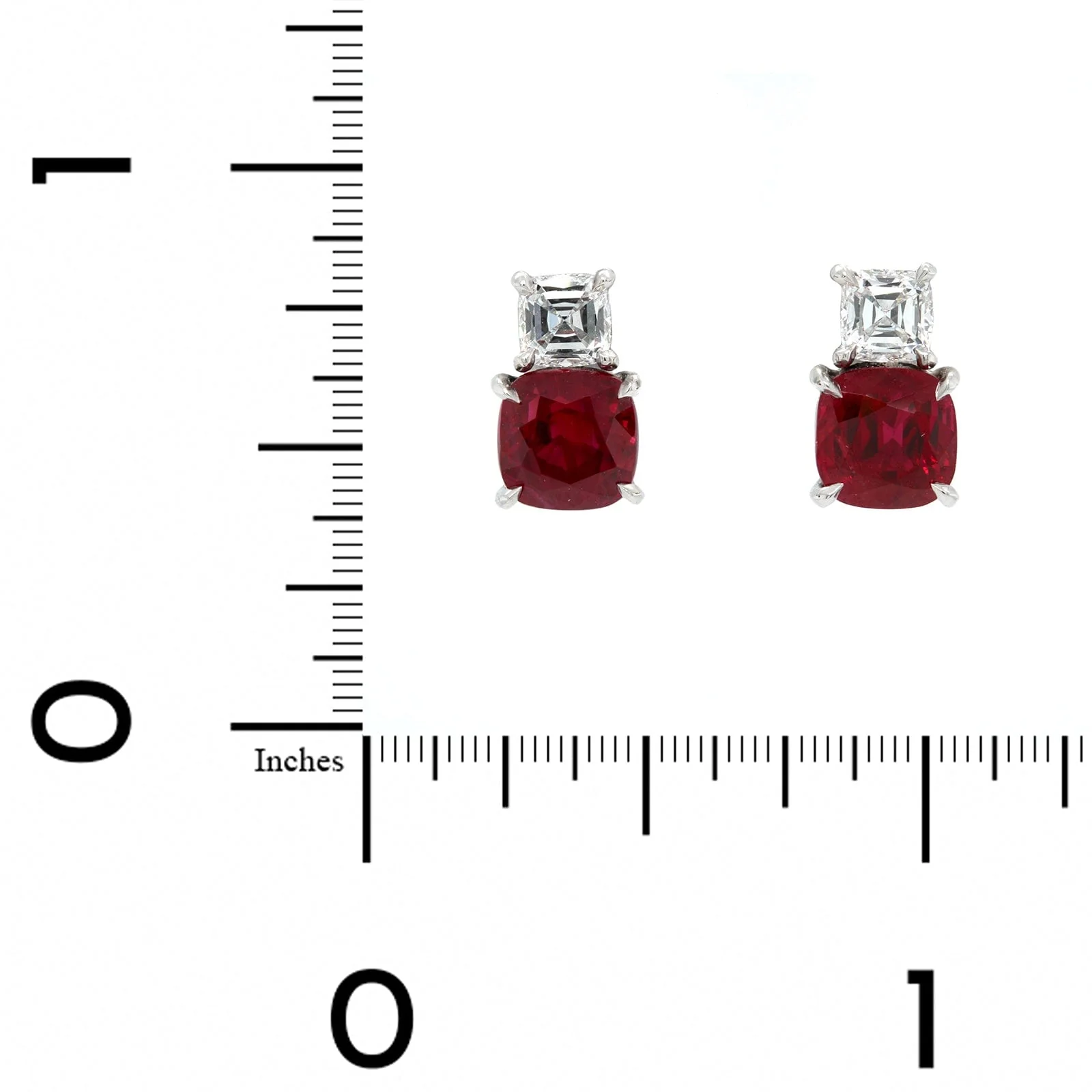 Platinum Round Ruby and Cushion Diamond Stud Earrings - Image 2