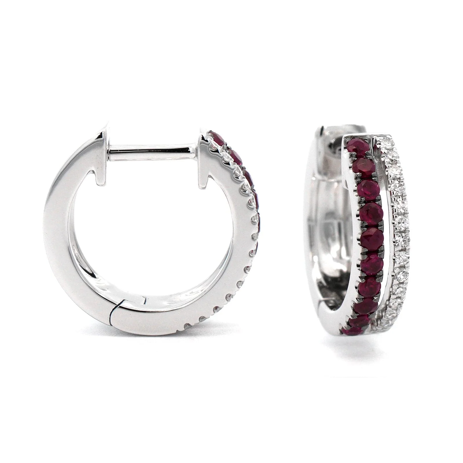 14K White Gold Two-Row Diamond and Ruby Huggie Earrings