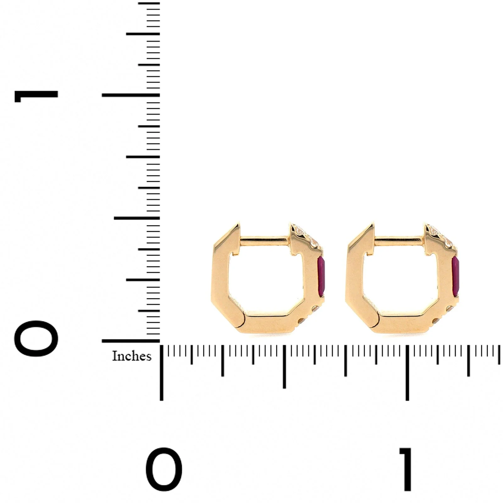 14K Yellow Gold Baguette Ruby and Round Diamond Huggie Earrings - Image 2