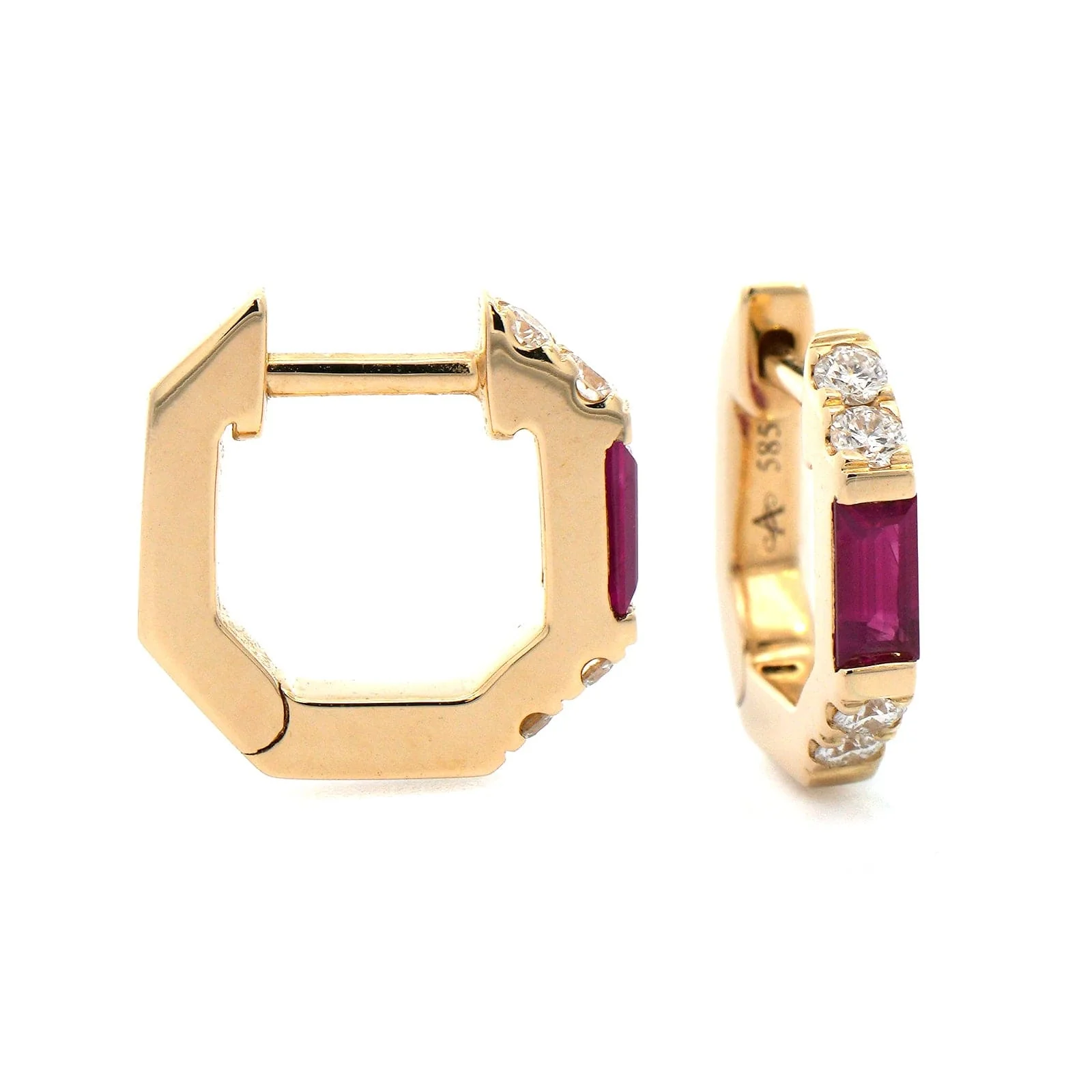 14K Yellow Gold Baguette Ruby and Round Diamond Huggie Earrings - Image 3