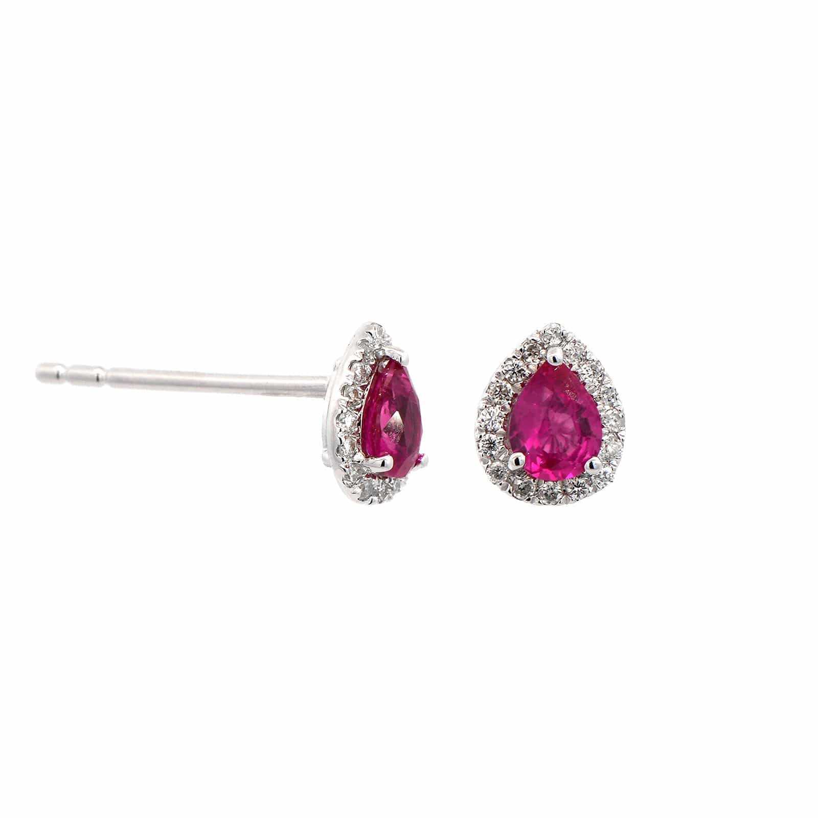 14K White Gold Diamond & Pear Shaped Ruby Stud Earrings