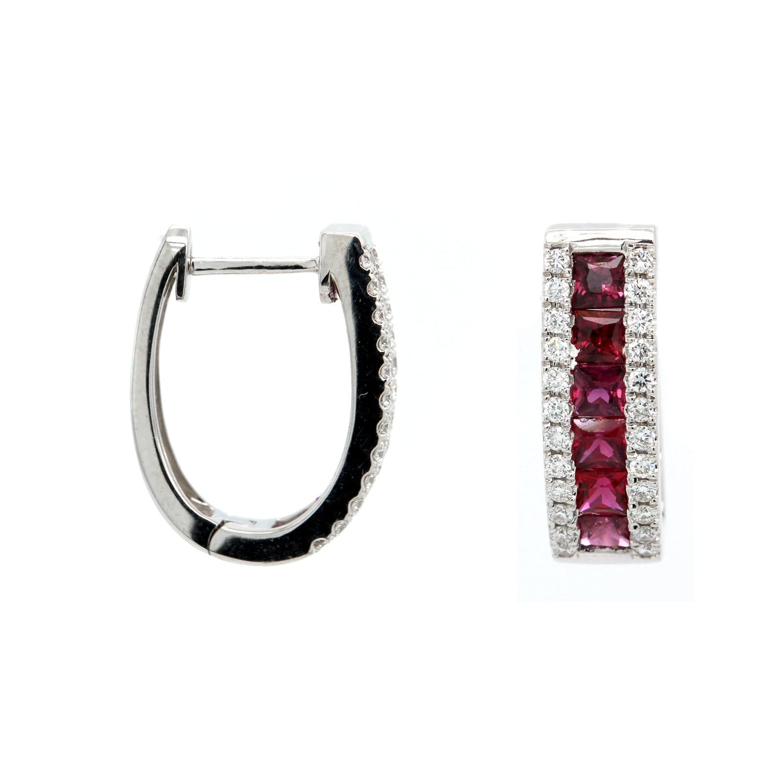 14K White Gold 3 Row Ruby and Diamond Hoop Earrings