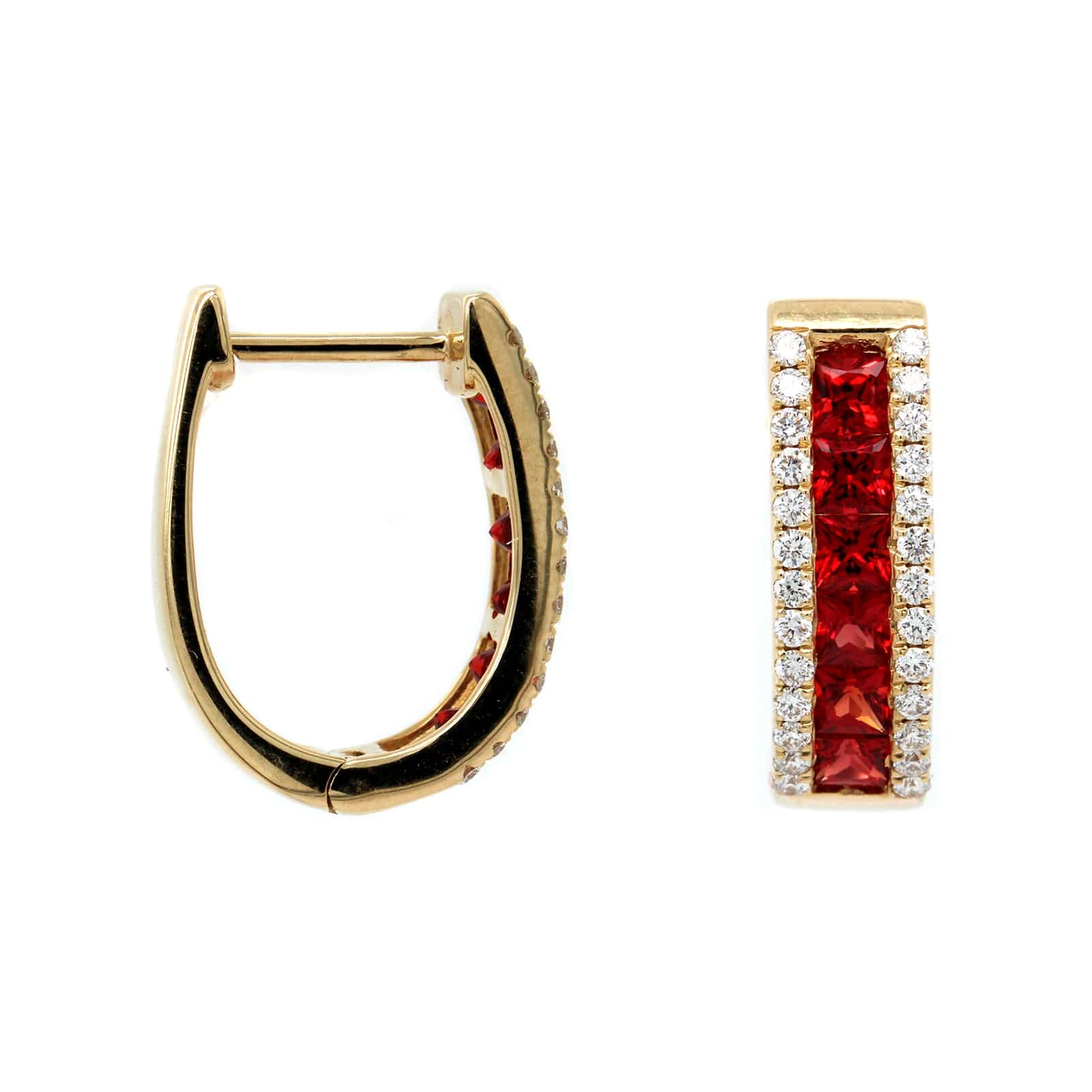 14K Yellow Gold 3 Row Ruby and Diamond Hoop Earrings