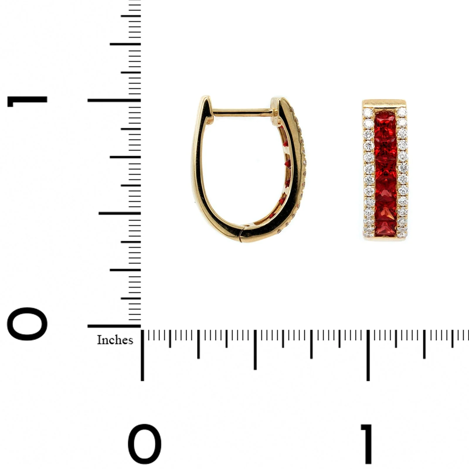 14K Yellow Gold 3 Row Ruby and Diamond Hoop Earrings - Image 2