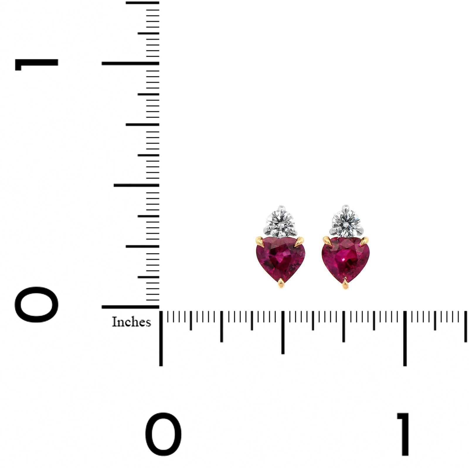 Platinum and 18K Yellow Gold Diamond & Heart Shaped Ruby Stud Earrings - Image 2