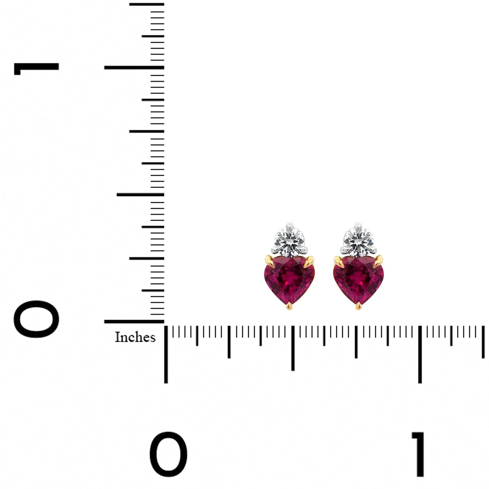 Platinum and 18K Yellow Gold Diamond & Heart Shaped Ruby Stud Earrings - Image 2