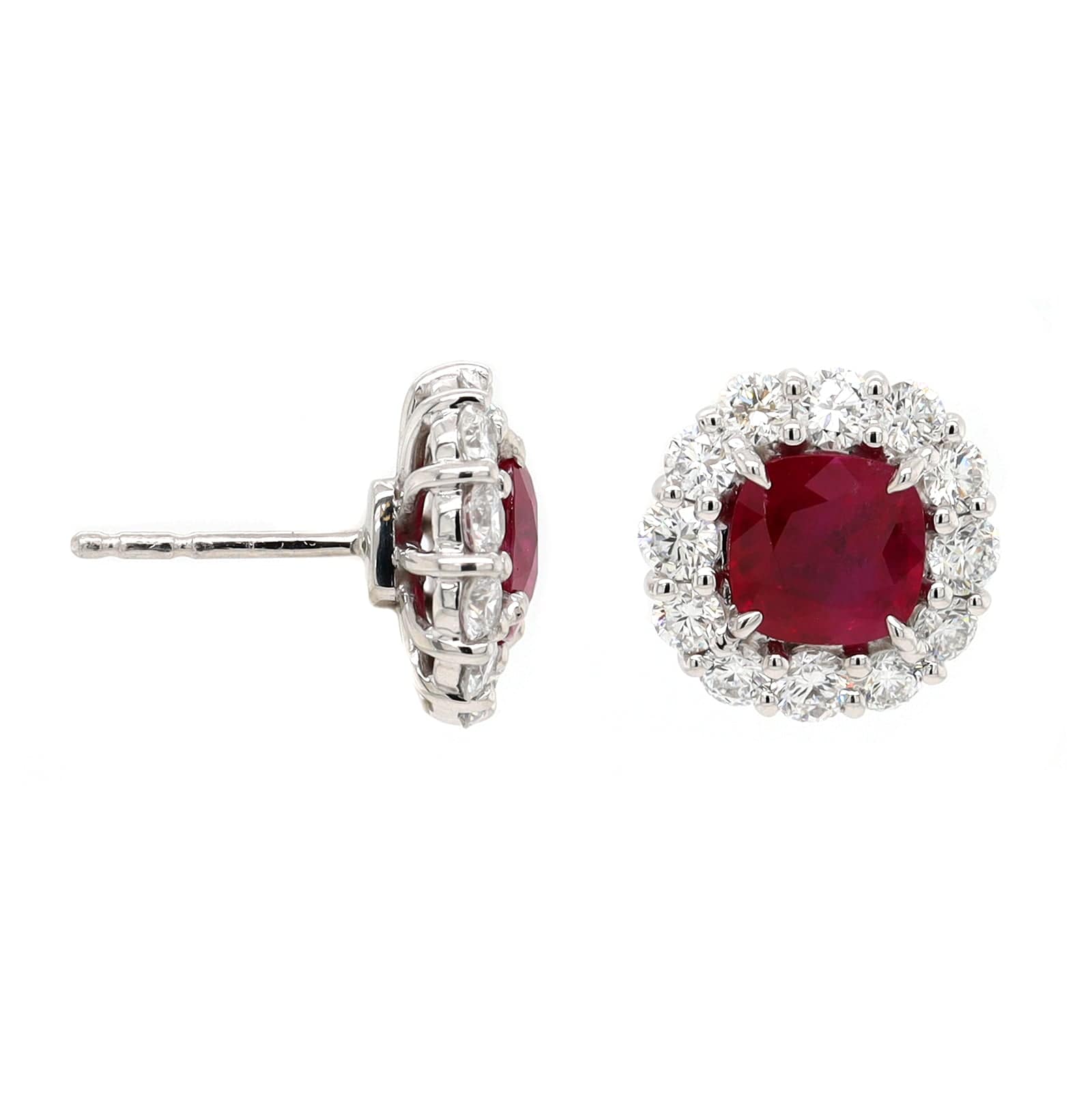 Platinum Cushion Cut Ruby and Diamond Halo Stud Earrings - Image 3