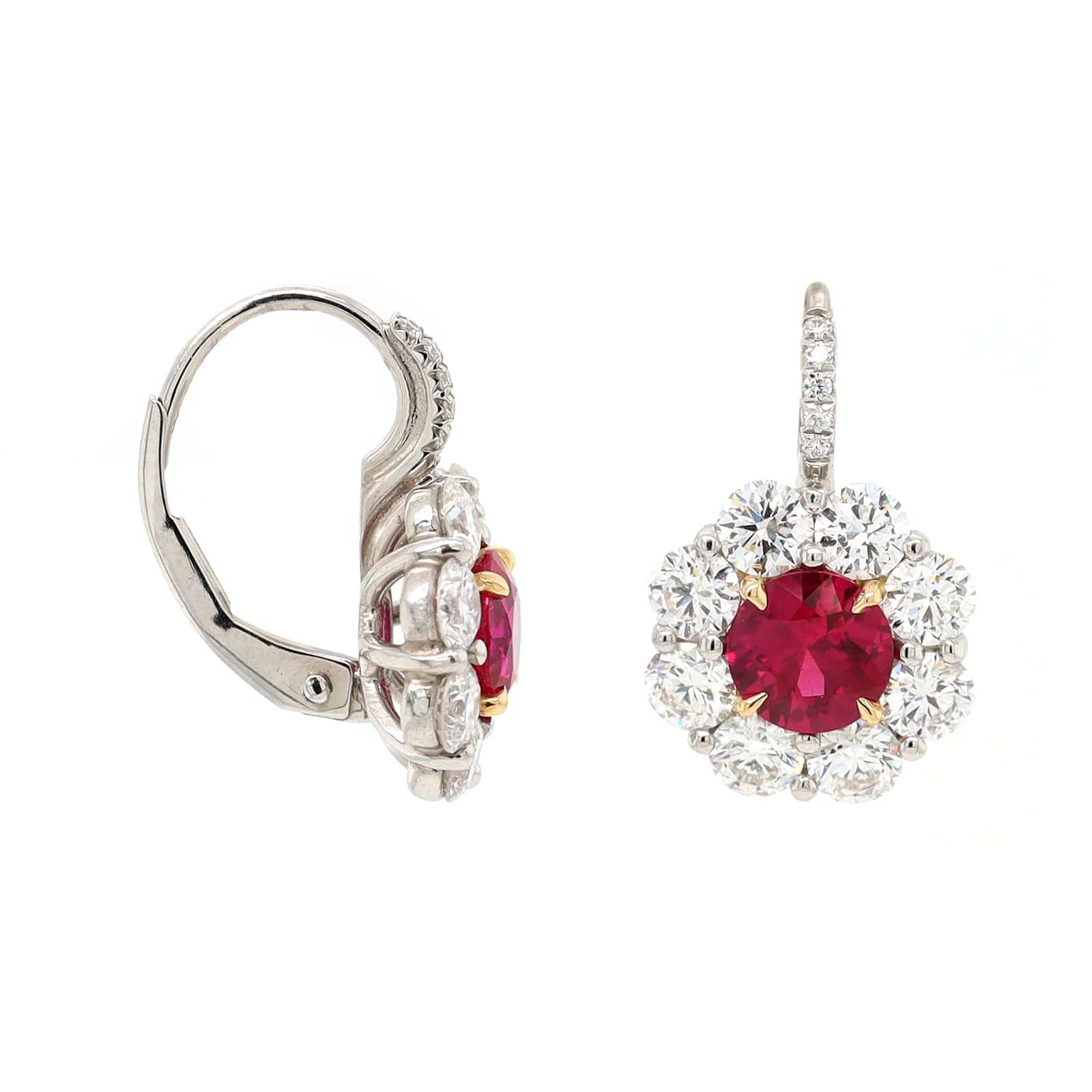Platinum and 18K Yellow Gold Round Ruby and Diamond Halo Stud Earrings - Image 3